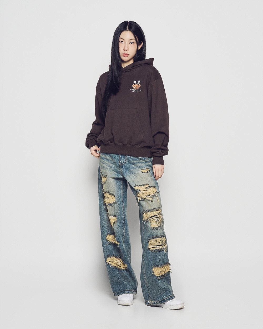 ADLV - Áo Hoodie RABBIT BEAR DOLL LOGO Nâu đậm