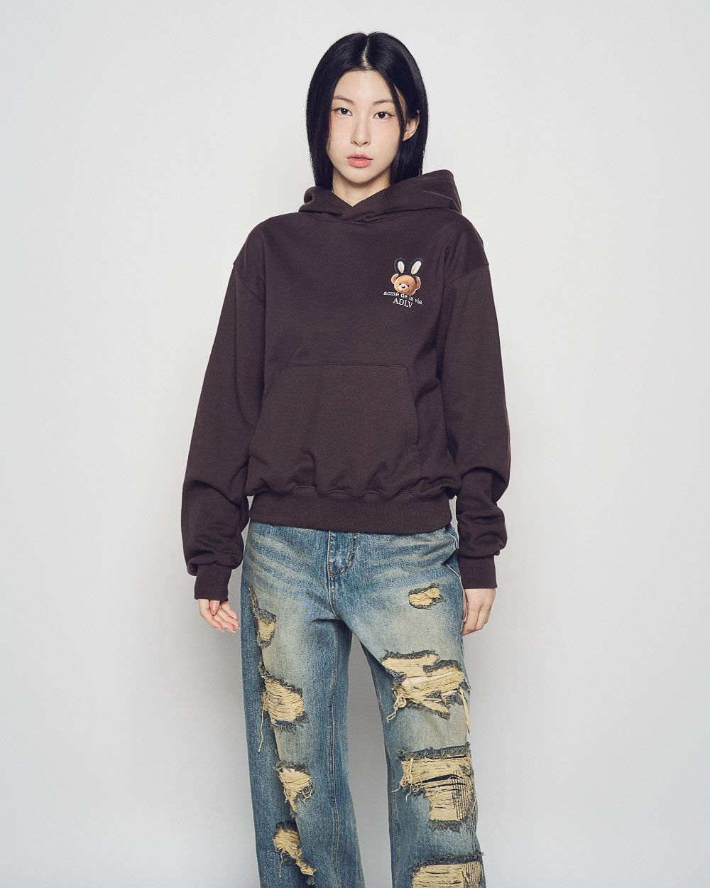 ADLV - Áo Hoodie RABBIT BEAR DOLL LOGO Nâu đậm