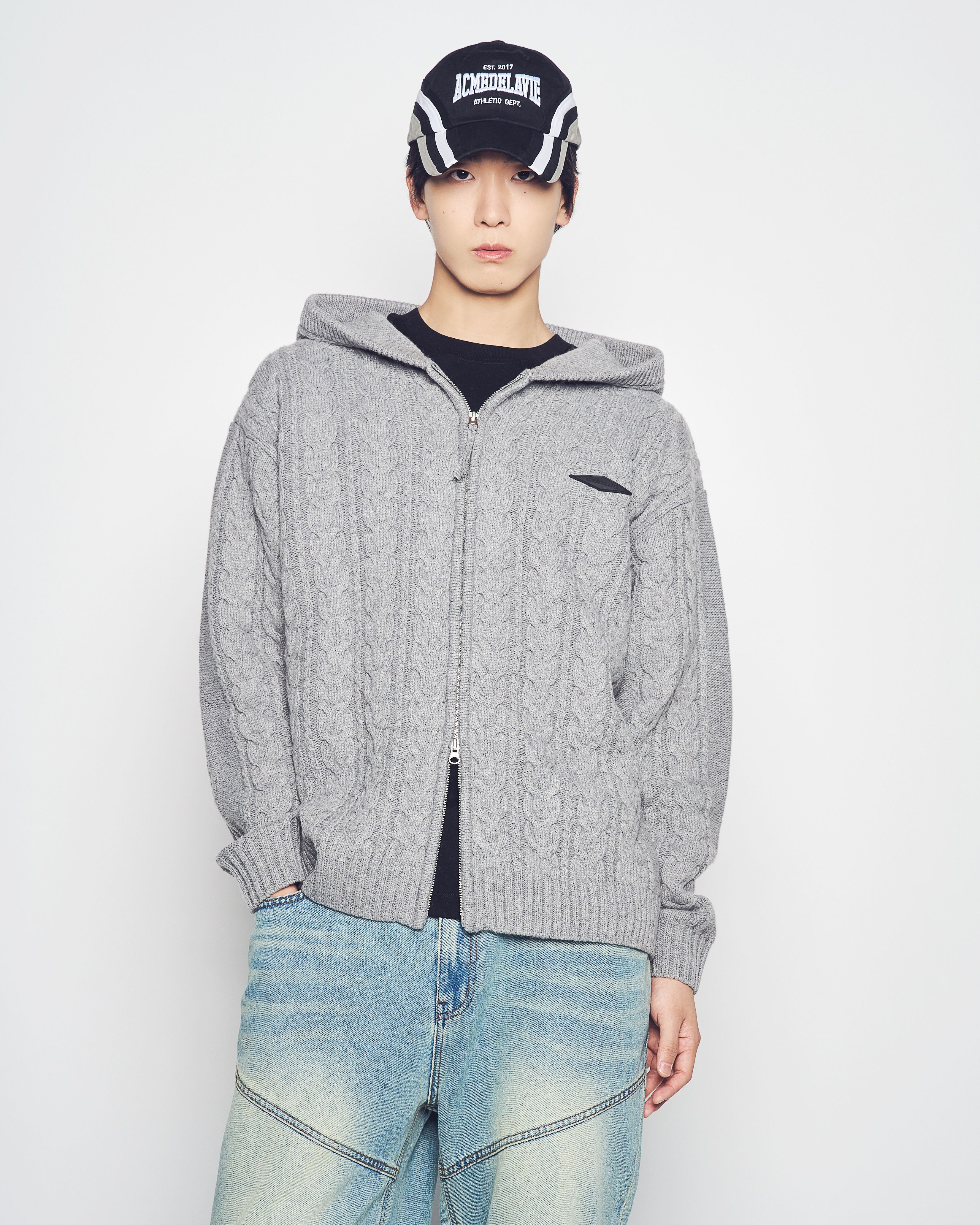 ADLV - Áo Hoodie kéo khóa Cable Knit Xám