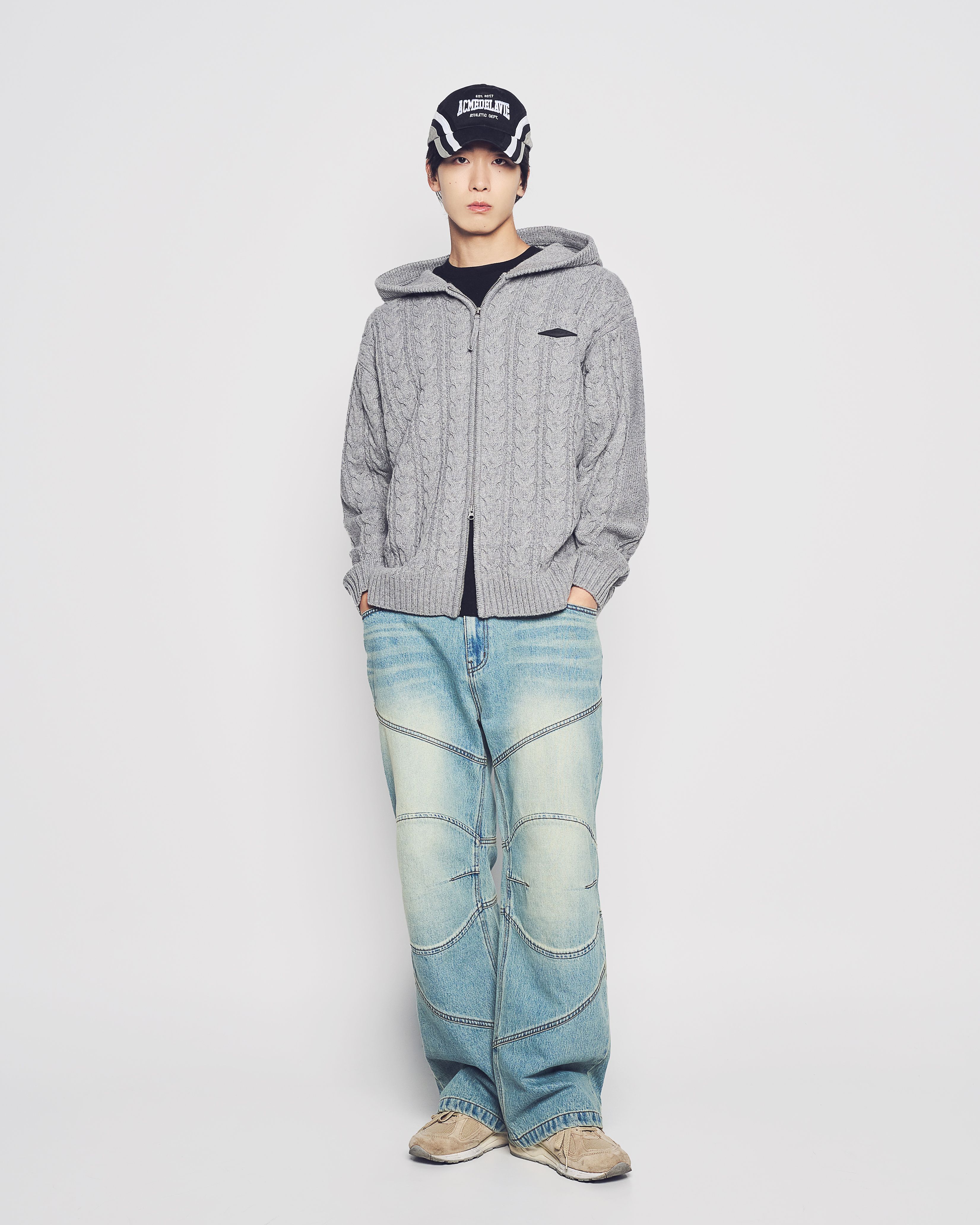 ADLV - Áo Hoodie kéo khóa Cable Knit Xám