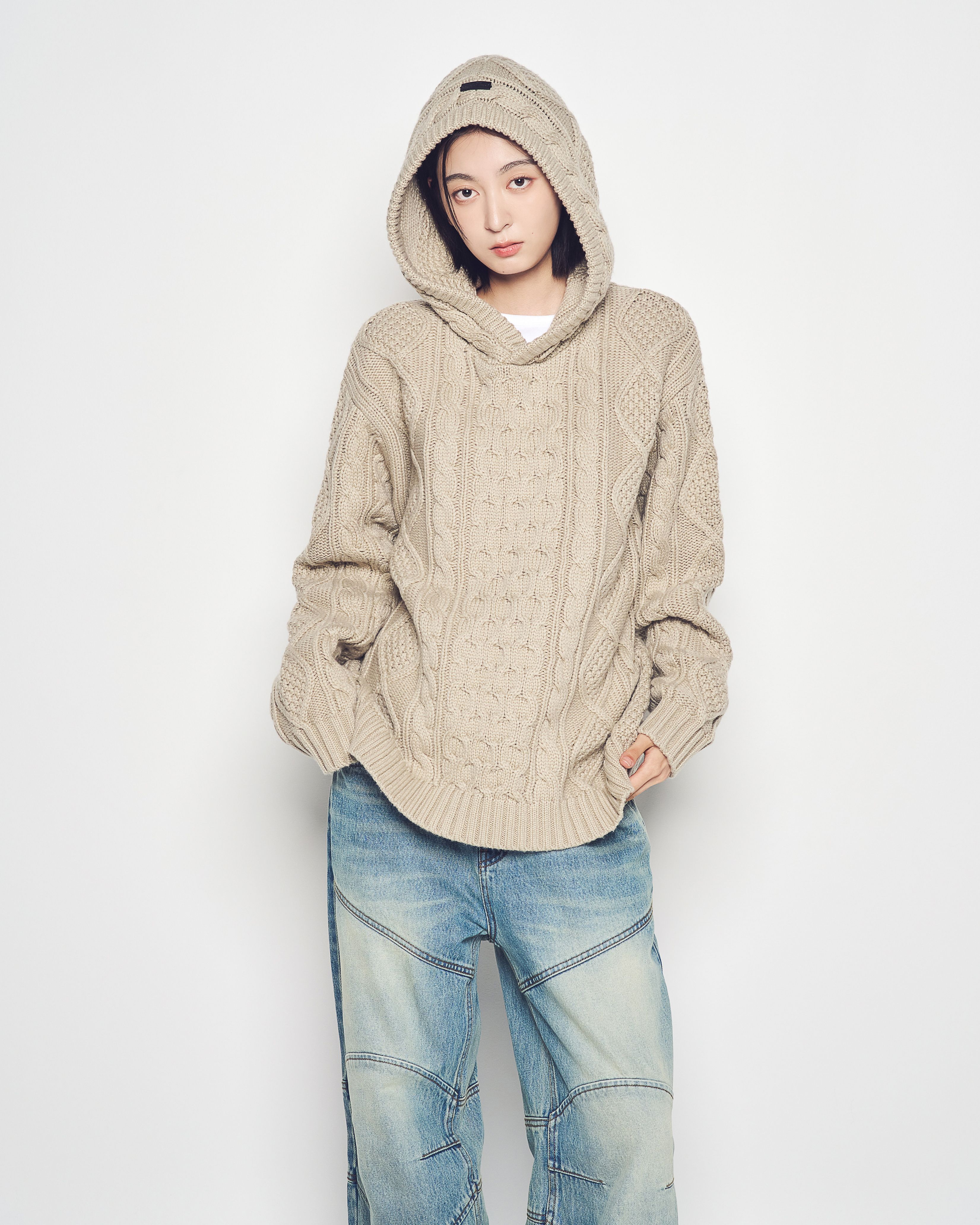 ADLV - Áo Hoodie Low Gauge Cable Knit Be