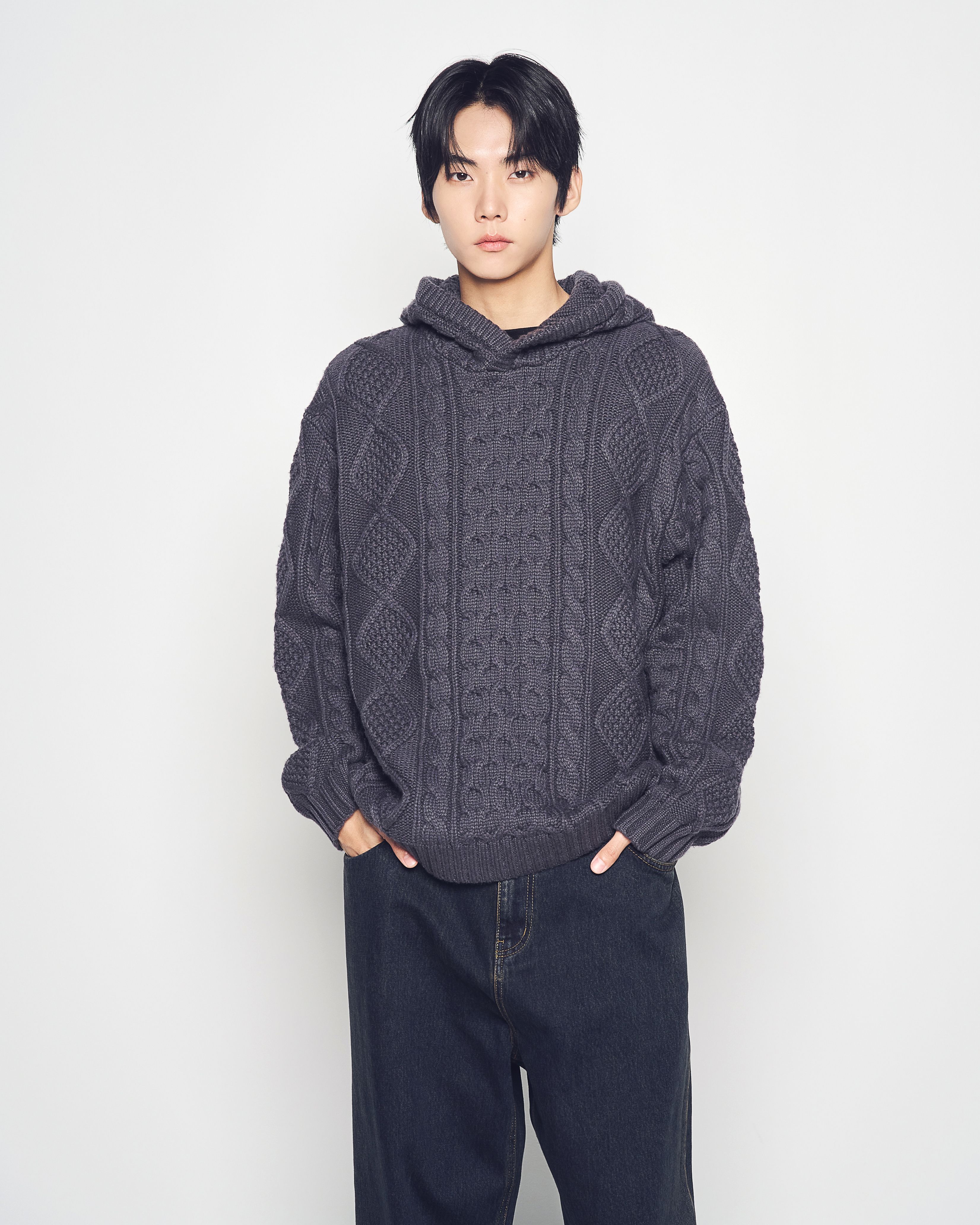 ADLV - Áo Hoodie Low Gauge Cable Knit Than chì