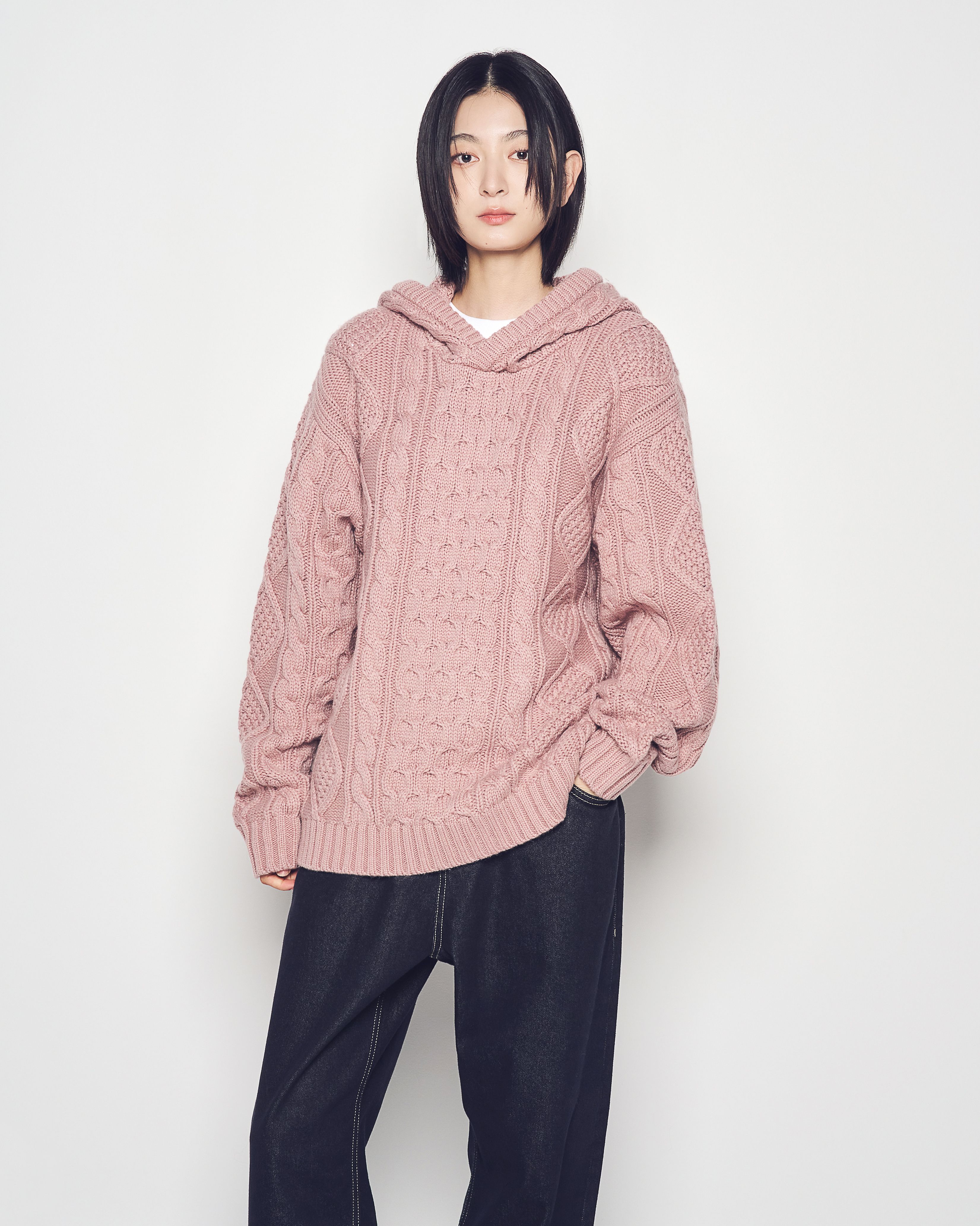 ADLV - Áo Hoodie Low Gauge Cable Knit Hồng