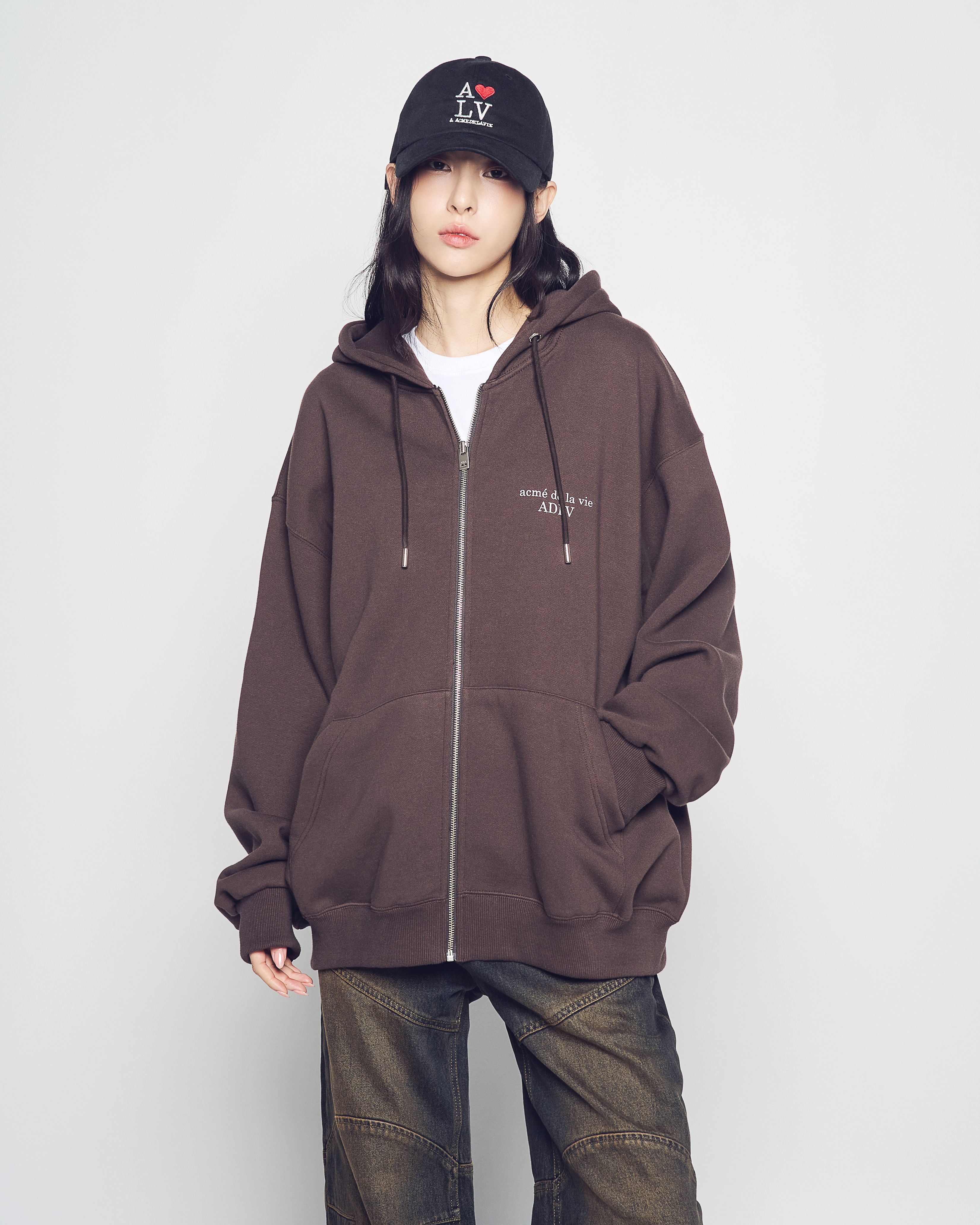 ADLV - Áo Hoodie kéo khóa Basic Logo Napping Nâu