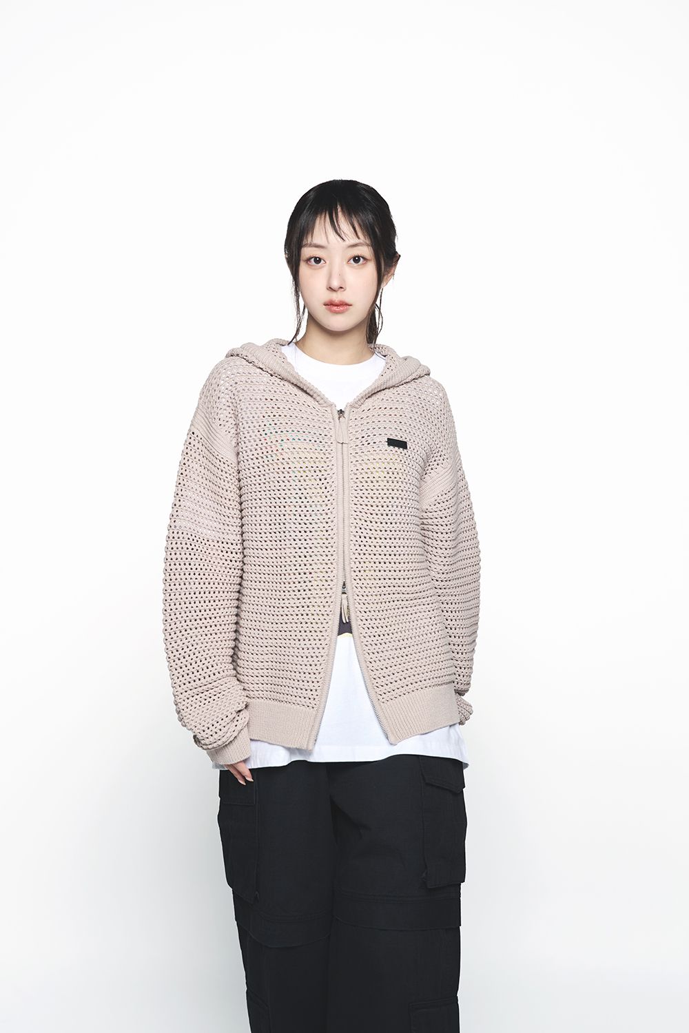 Áo Hoodie Kéo Khóa Solid Knit Be Sáng