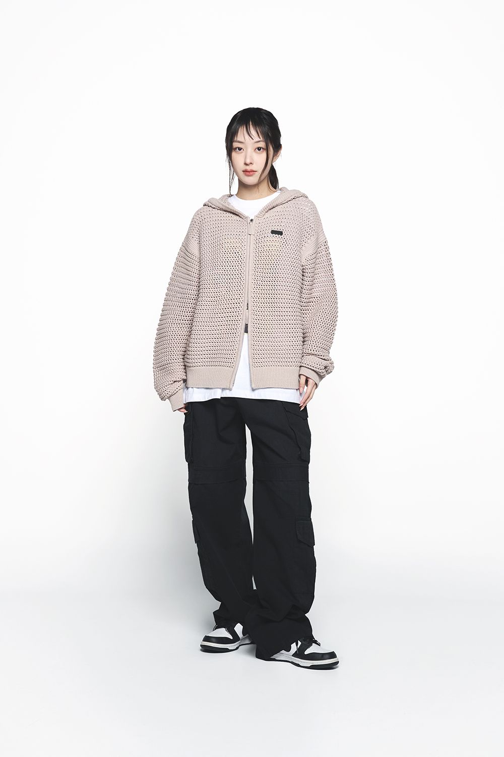 Áo Hoodie Kéo Khóa Solid Knit Be Sáng