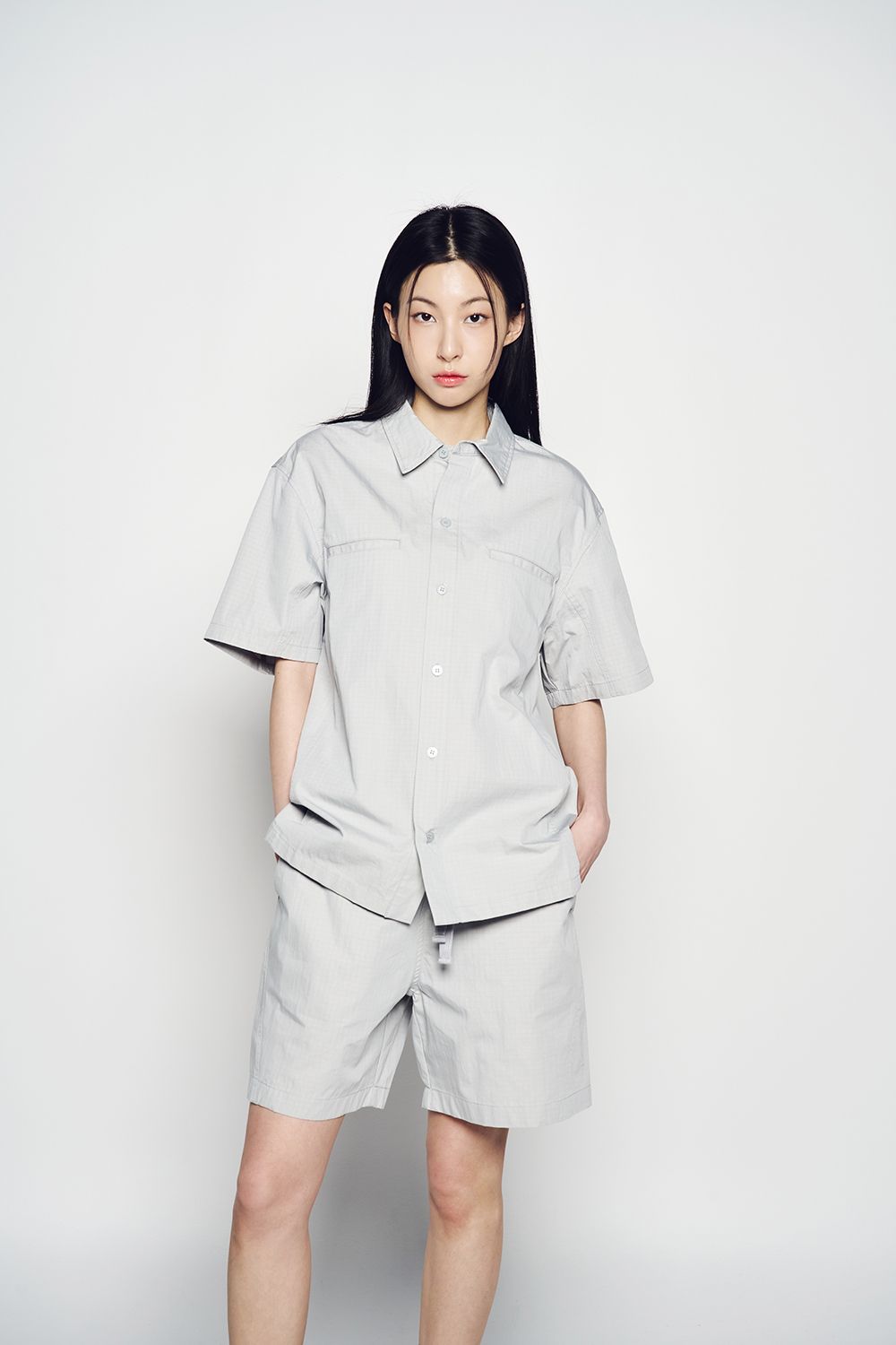 ADLV - Áo Sơ Mi Ngắn Tay Oversize Ripstop Xám Nhạt