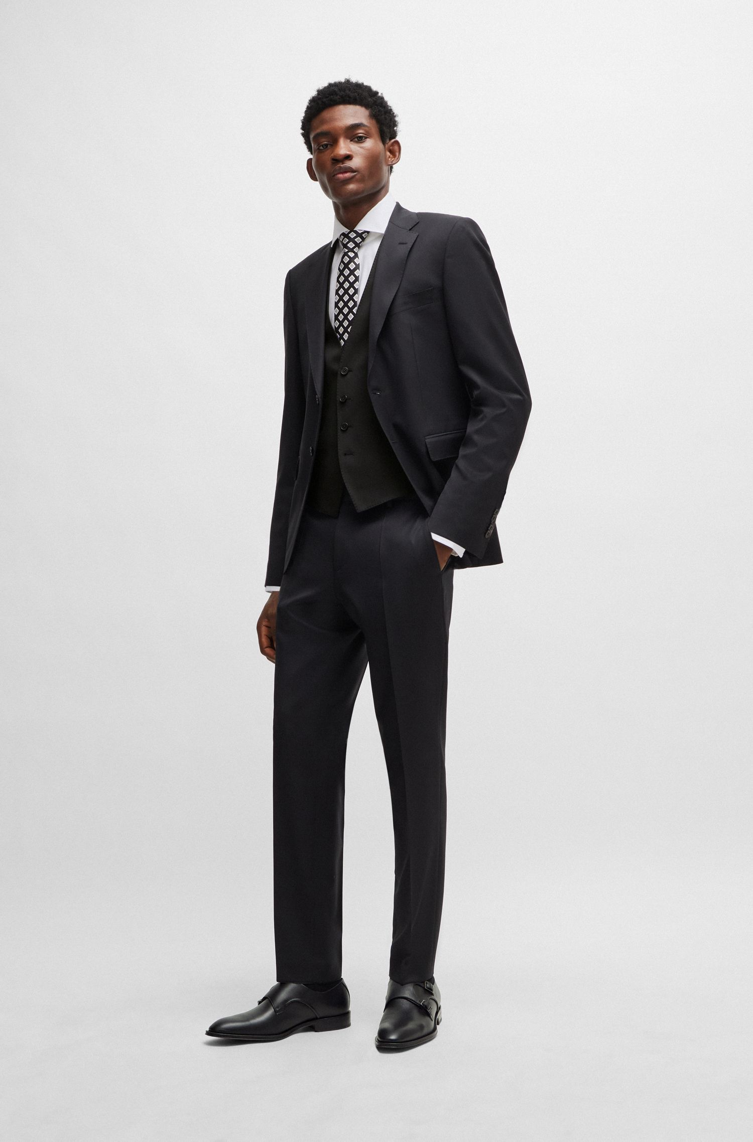 BOSS - Áo ghi lê dáng ôm slim fit từ vải len virgin serge