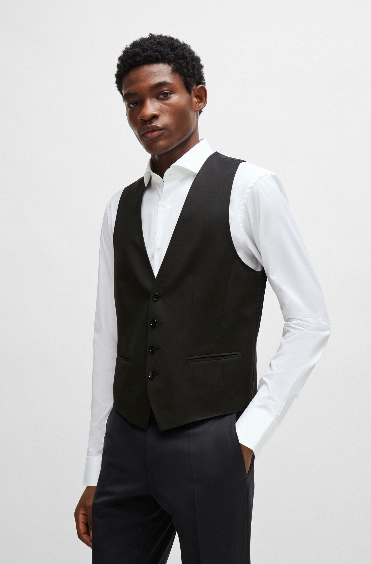 BOSS - Áo ghi lê dáng ôm slim fit từ vải len virgin serge