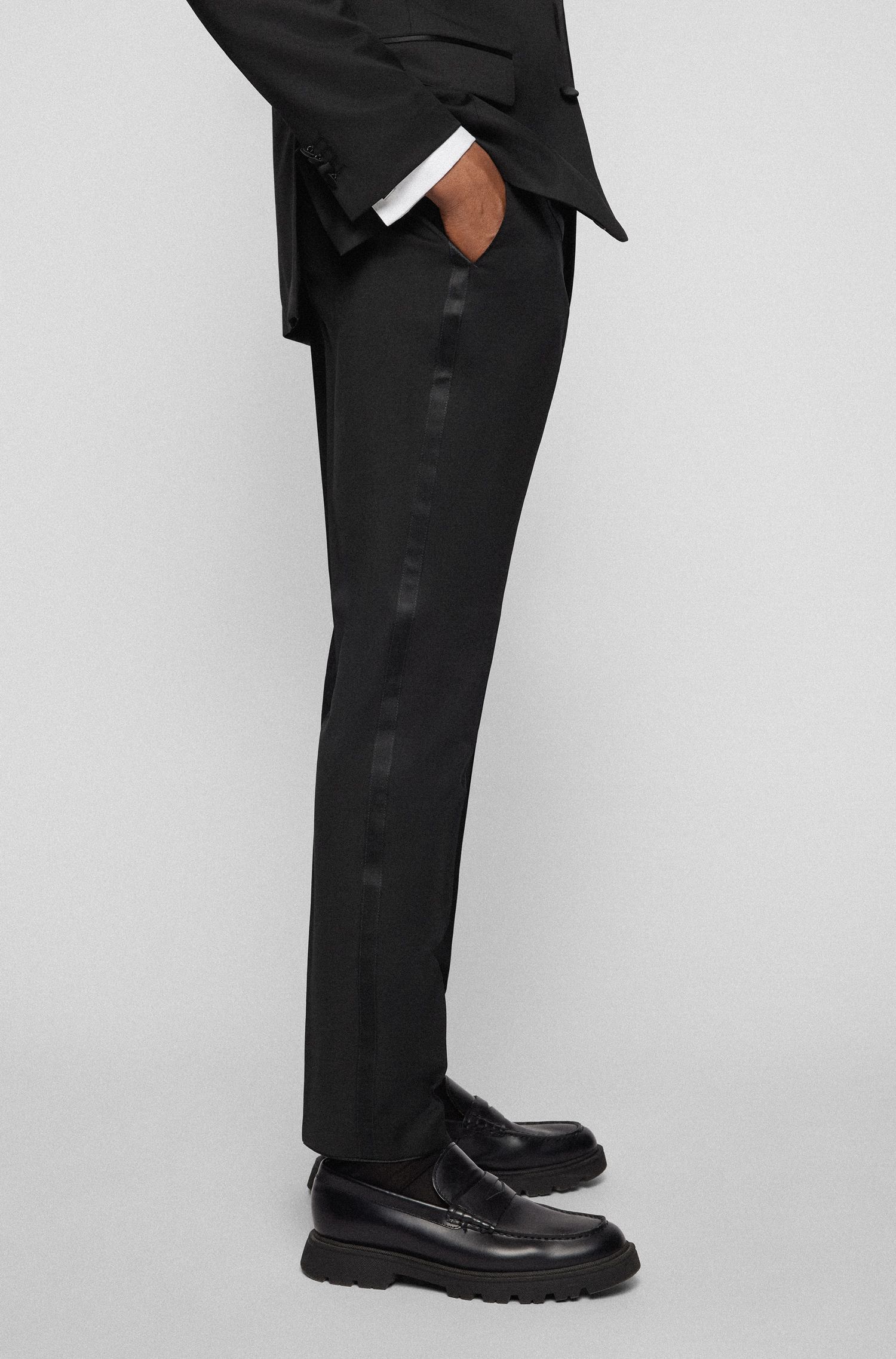 BOSS - Quần tuxedo dáng ôm slim fit vải len virgin serge