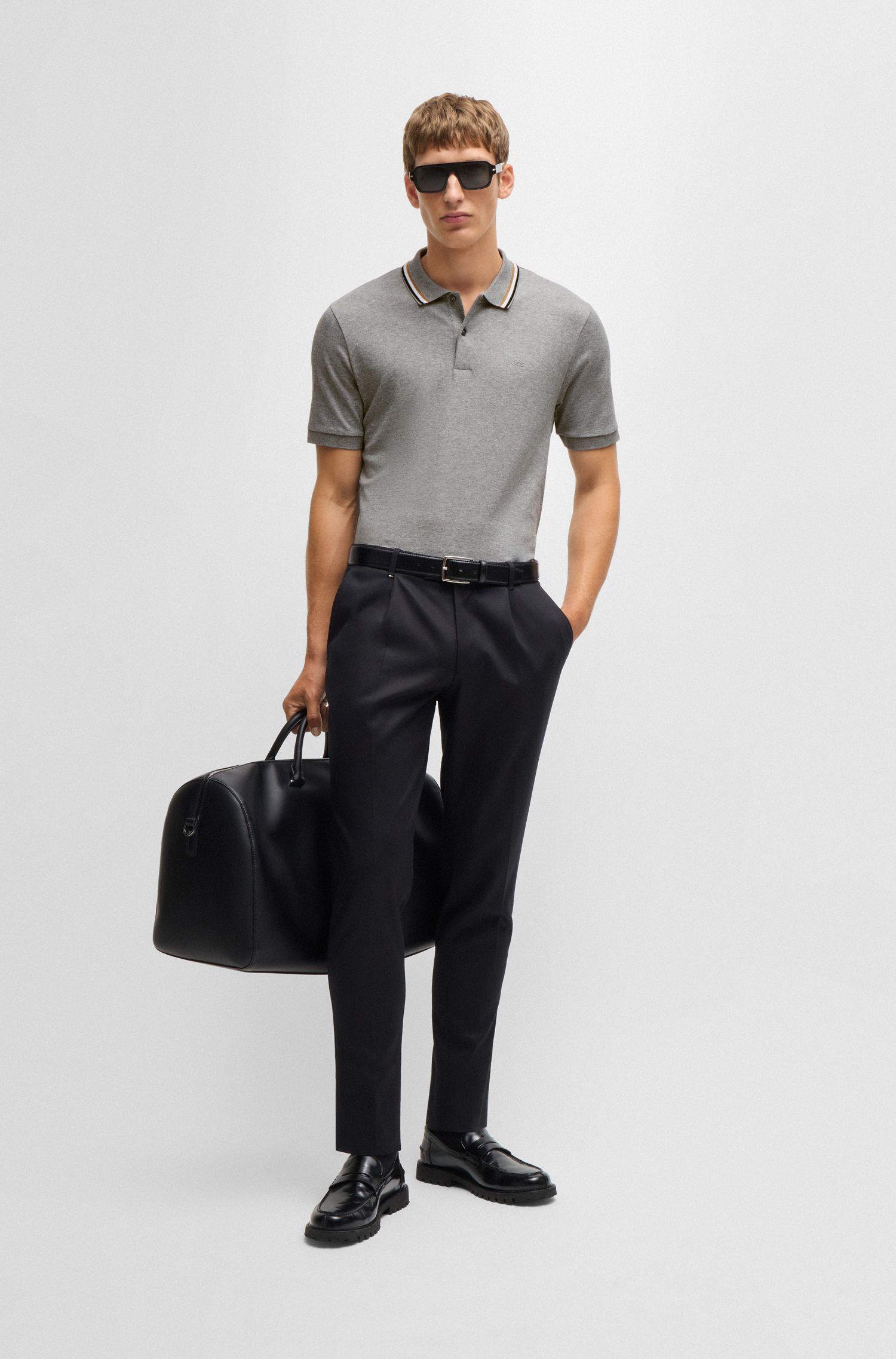 BOSS - Áo polo slim fit cotton cổ sọc