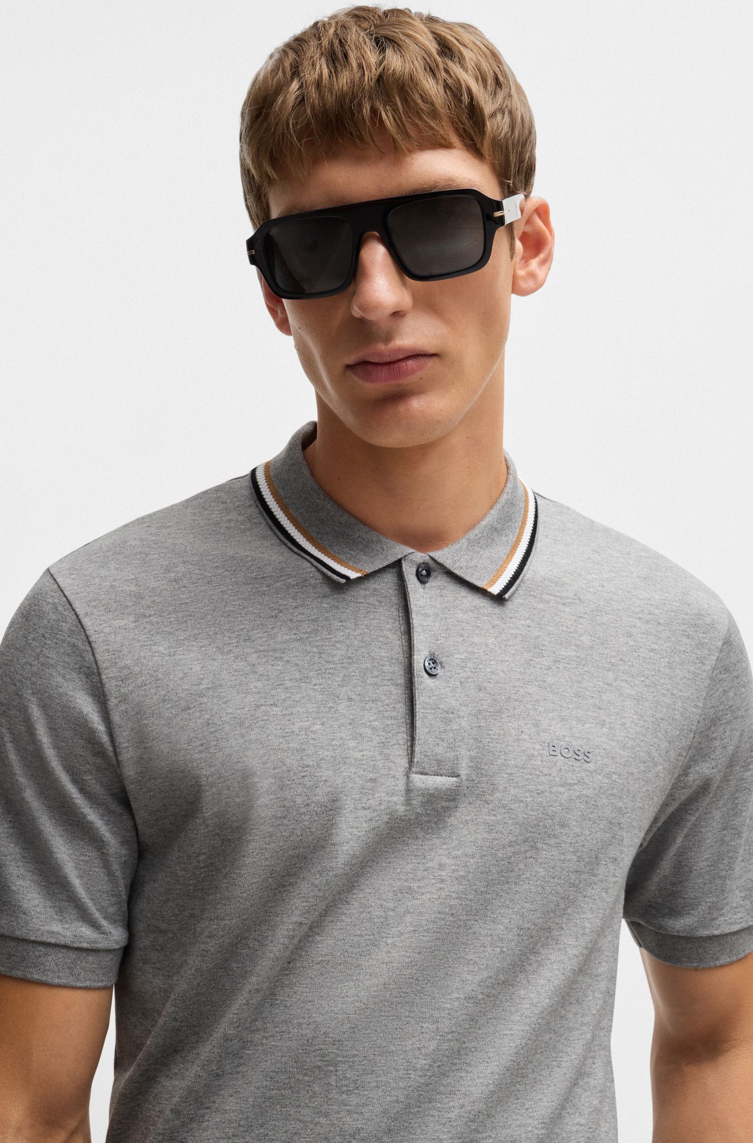 BOSS - Áo polo slim fit cotton cổ sọc