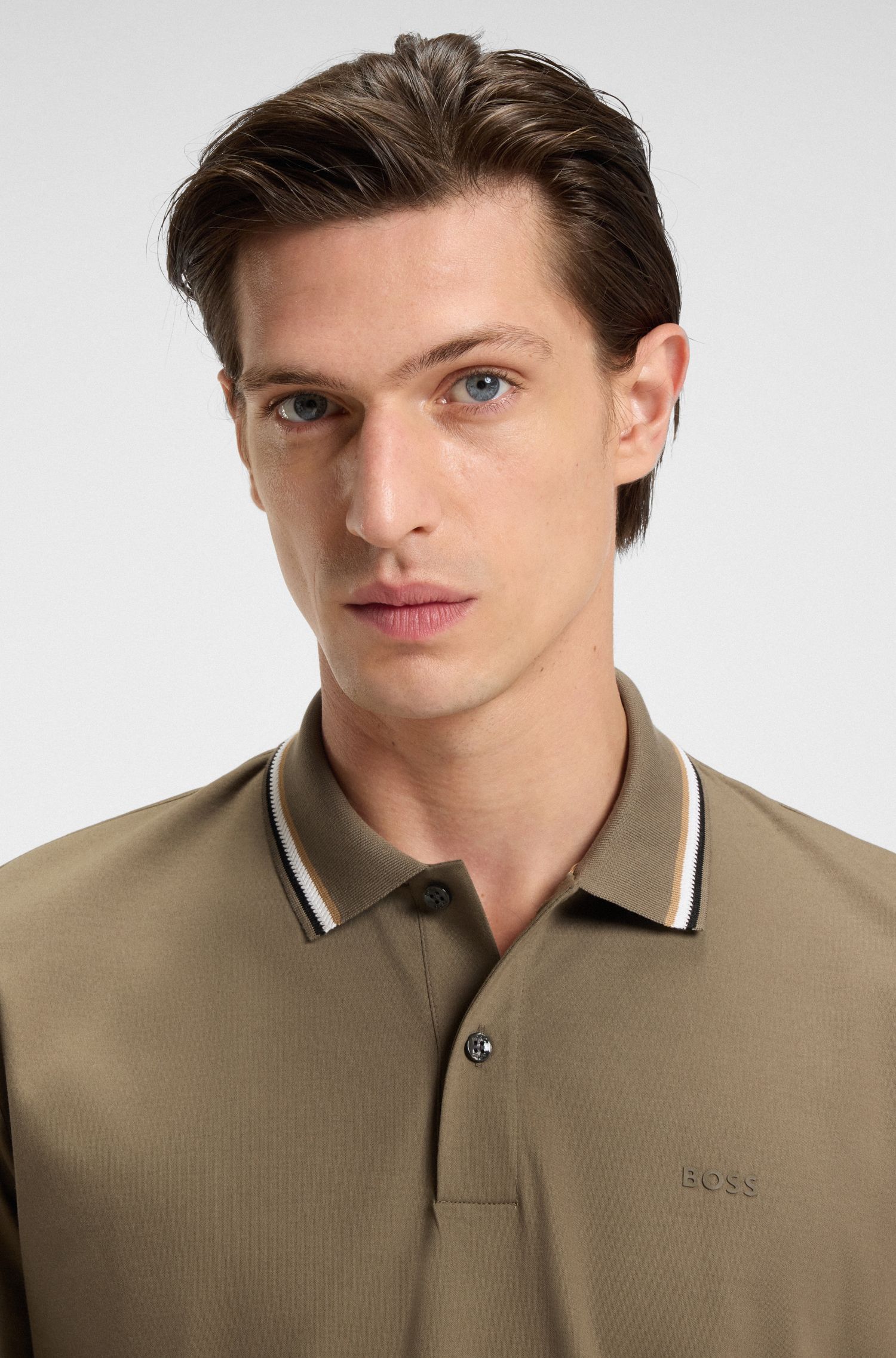 BOSS - Áo polo slim fit cotton cổ sọc