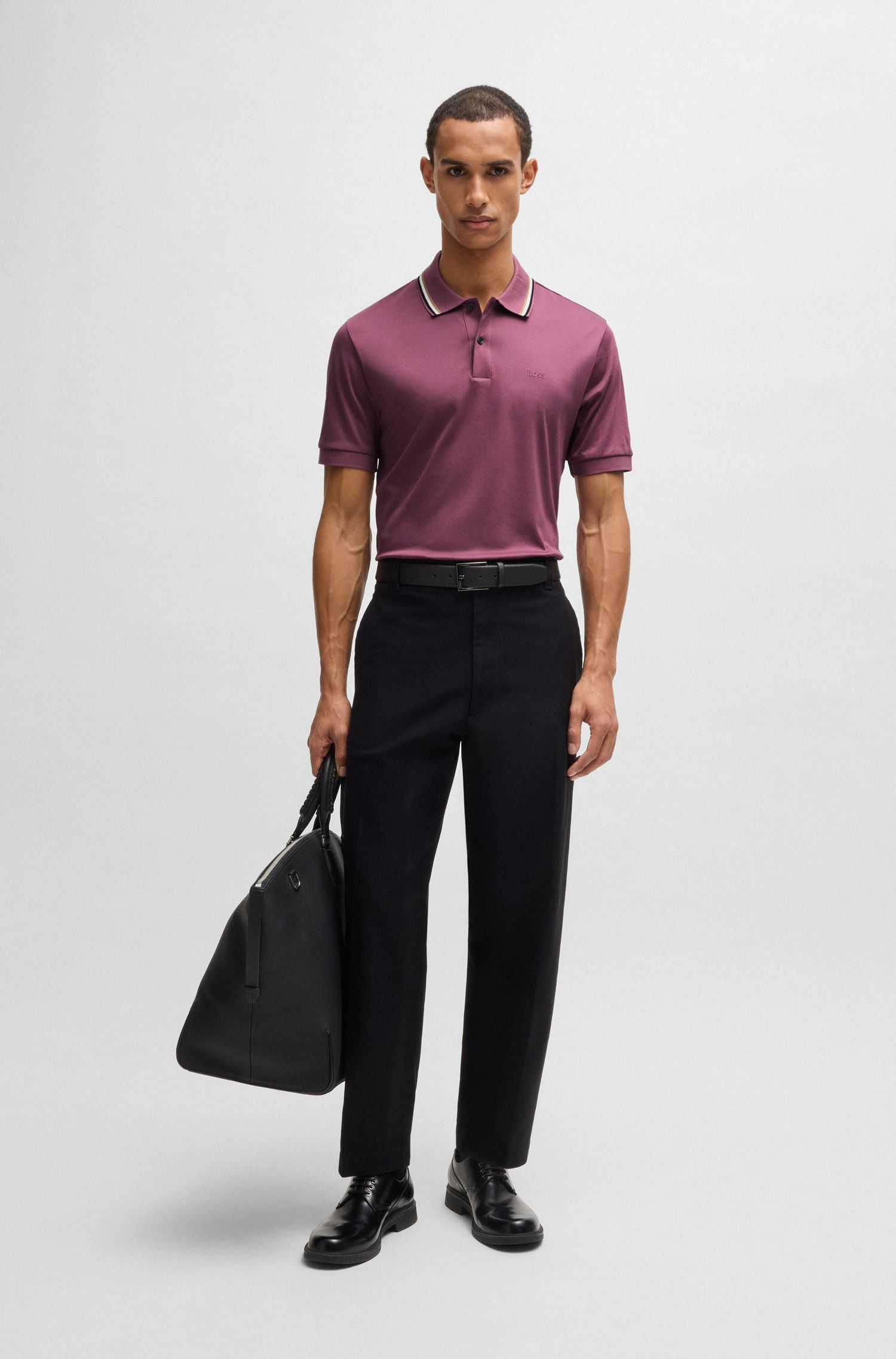 BOSS - Áo polo slim fit cotton cổ sọc