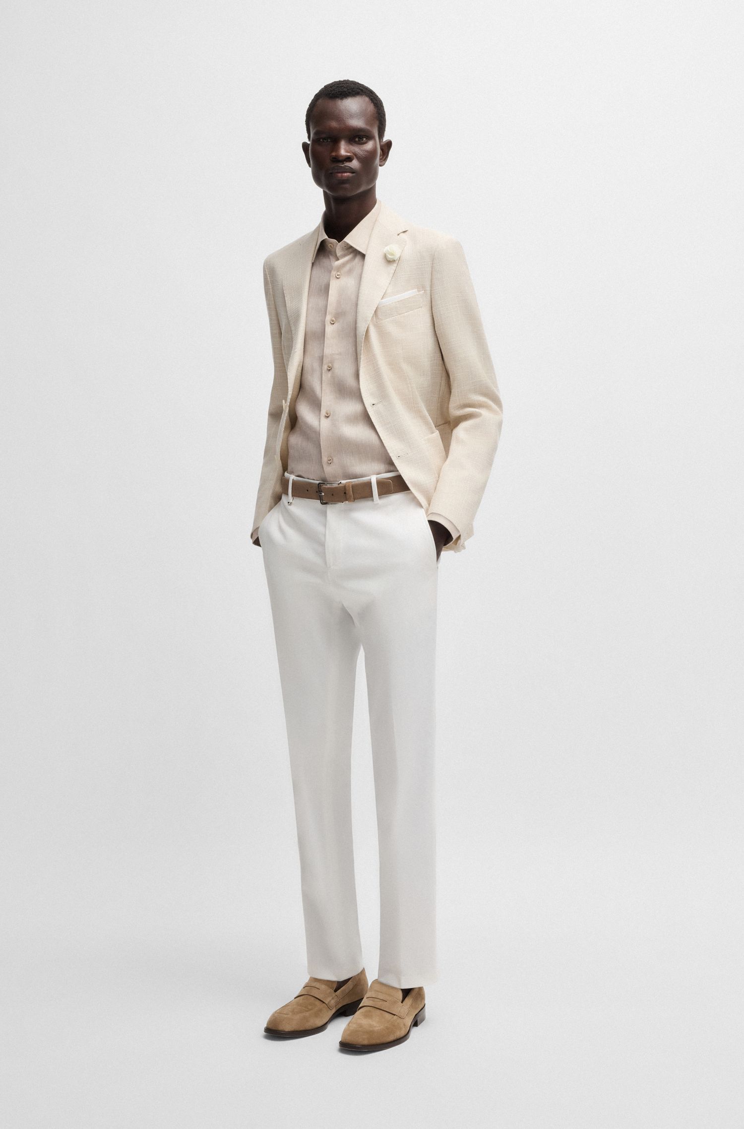 BOSS - Áo sơ mi dáng slim fit vải linen Ý