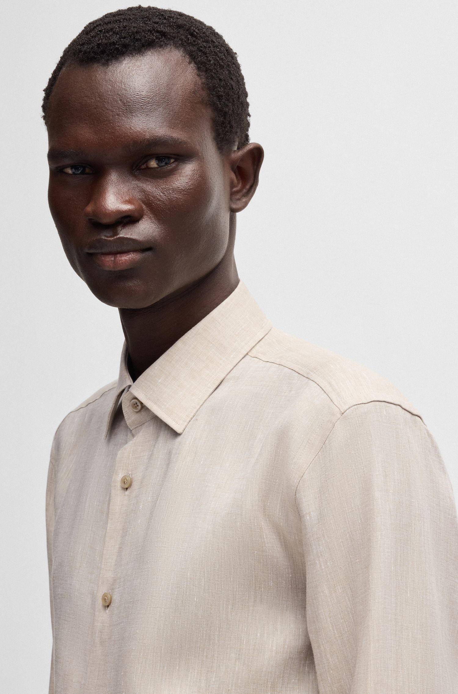 BOSS - Áo sơ mi dáng slim fit vải linen Ý