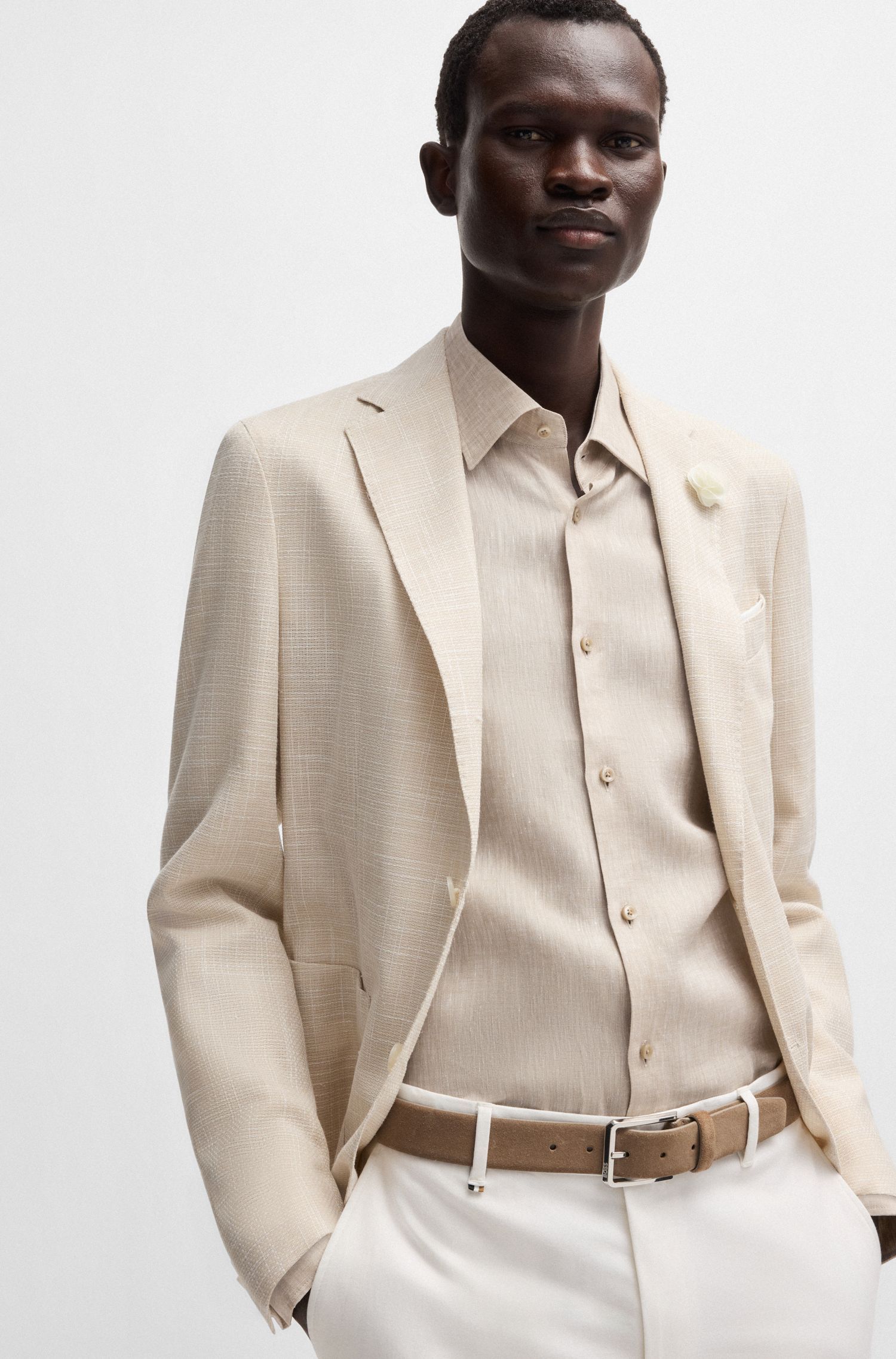 BOSS - Áo sơ mi dáng slim fit vải linen Ý
