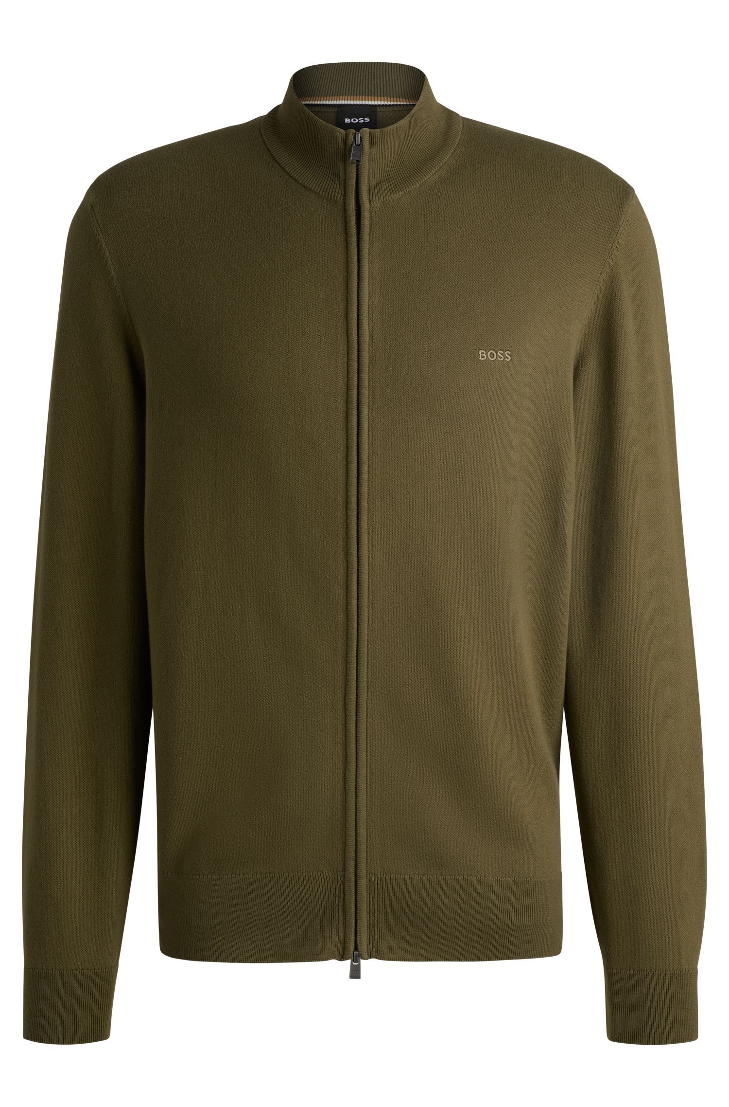 BOSS - Áo cardigan cotton khóa kéo logo thêu