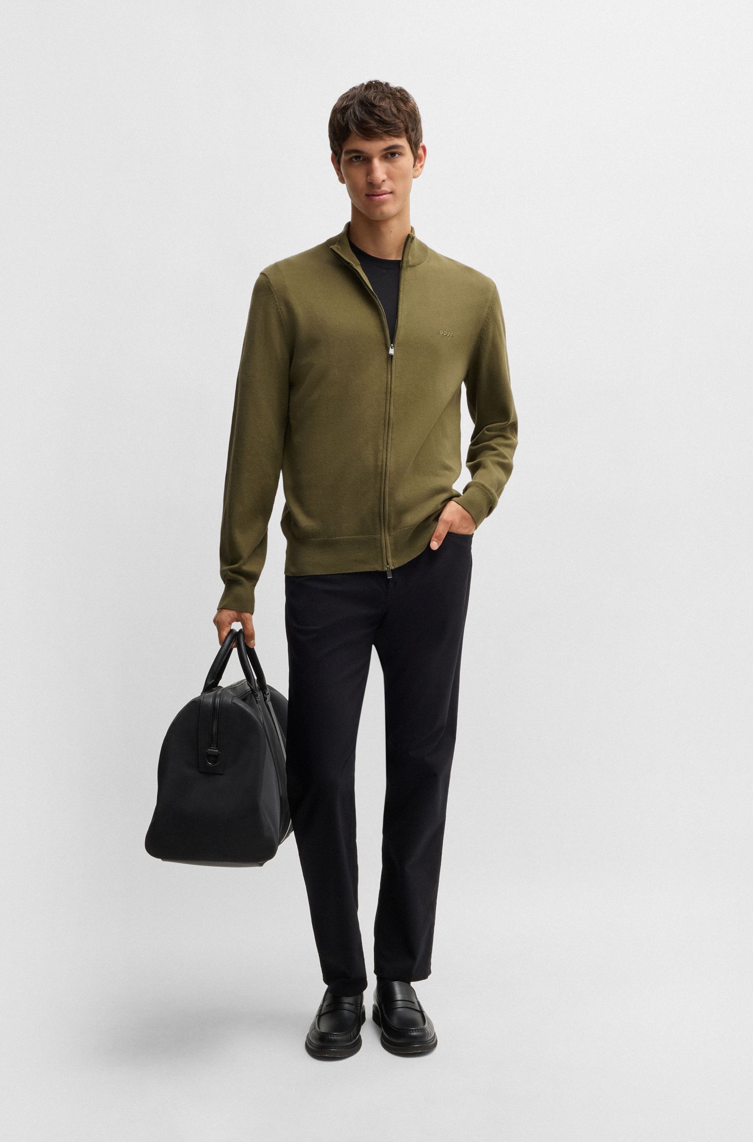 BOSS - Áo cardigan cotton khóa kéo logo thêu