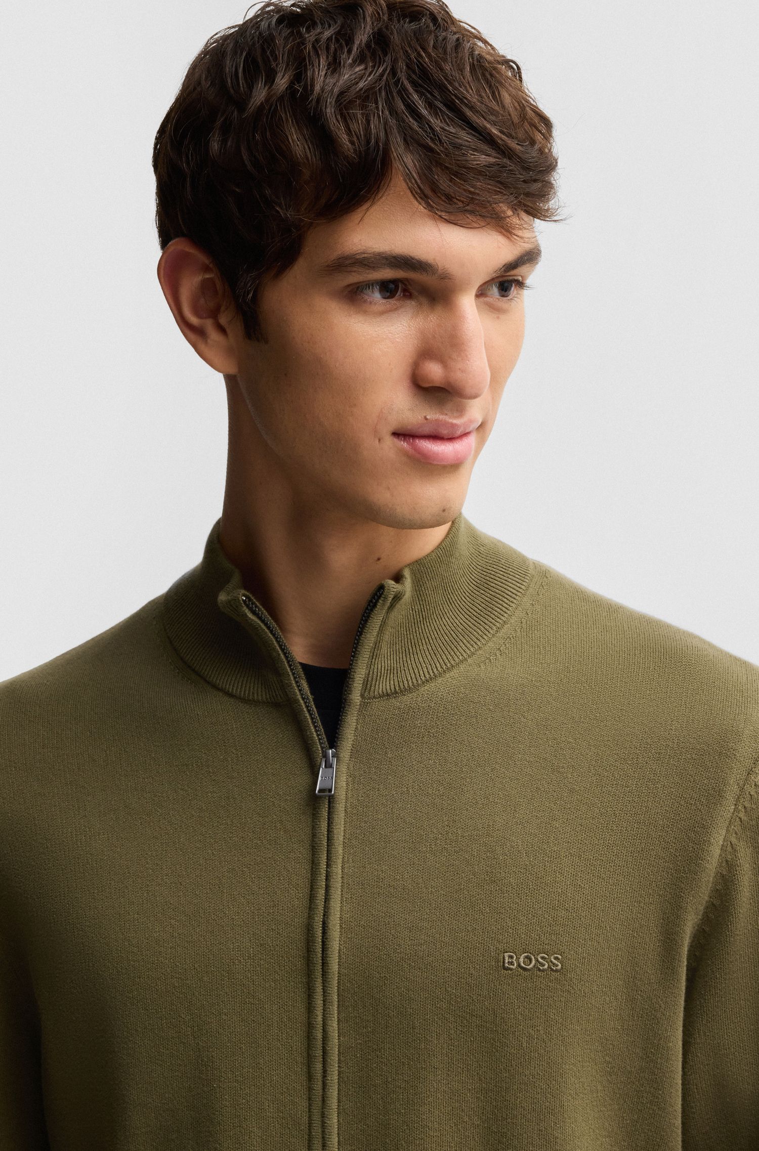 BOSS - Áo cardigan cotton khóa kéo logo thêu