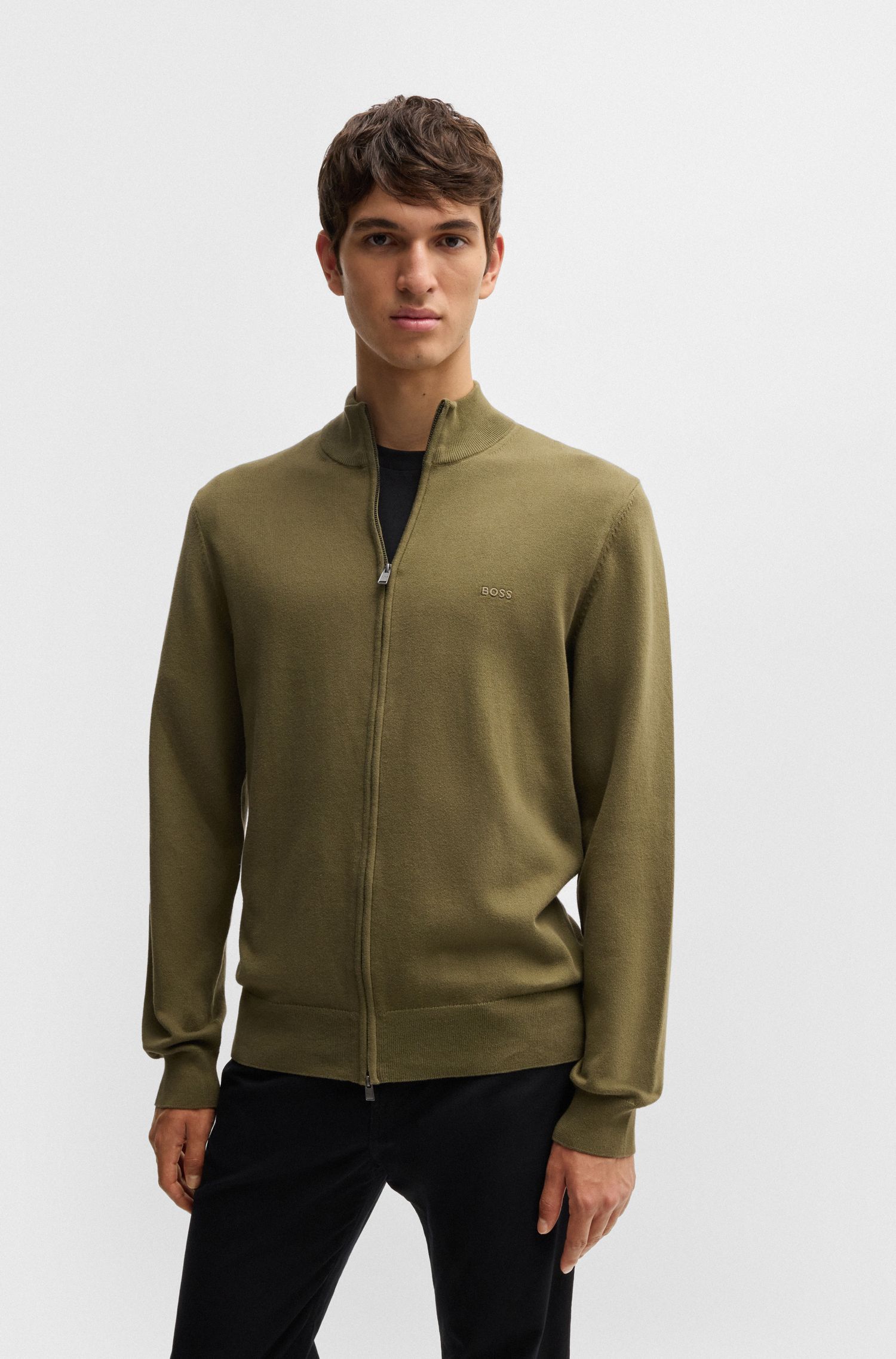 BOSS - Áo cardigan cotton khóa kéo logo thêu
