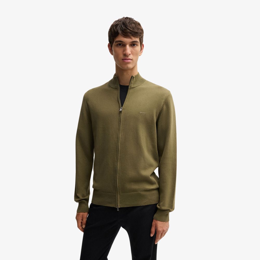BOSS - Áo cardigan cotton khóa kéo logo thêu