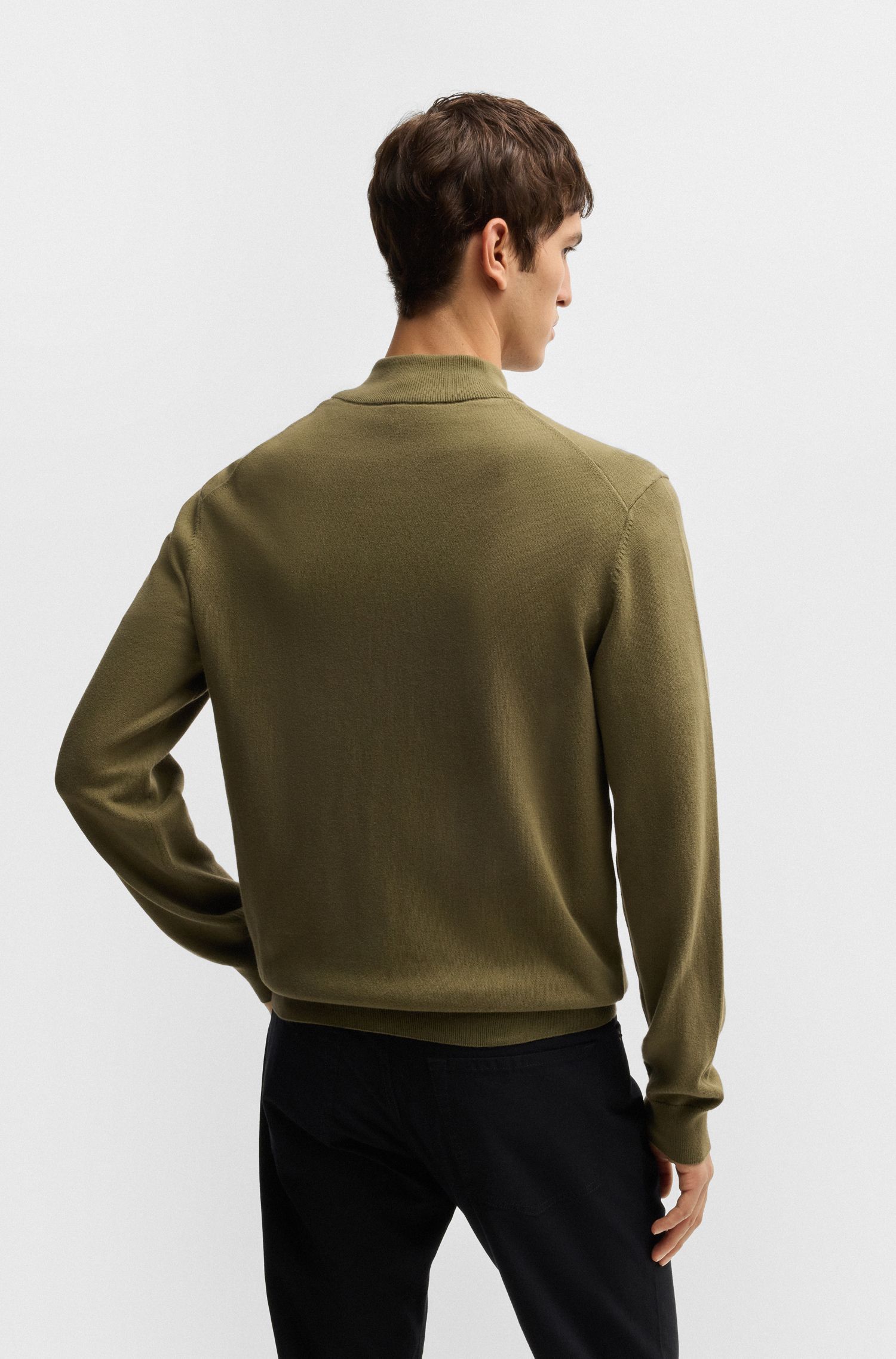 BOSS - Áo cardigan cotton khóa kéo logo thêu
