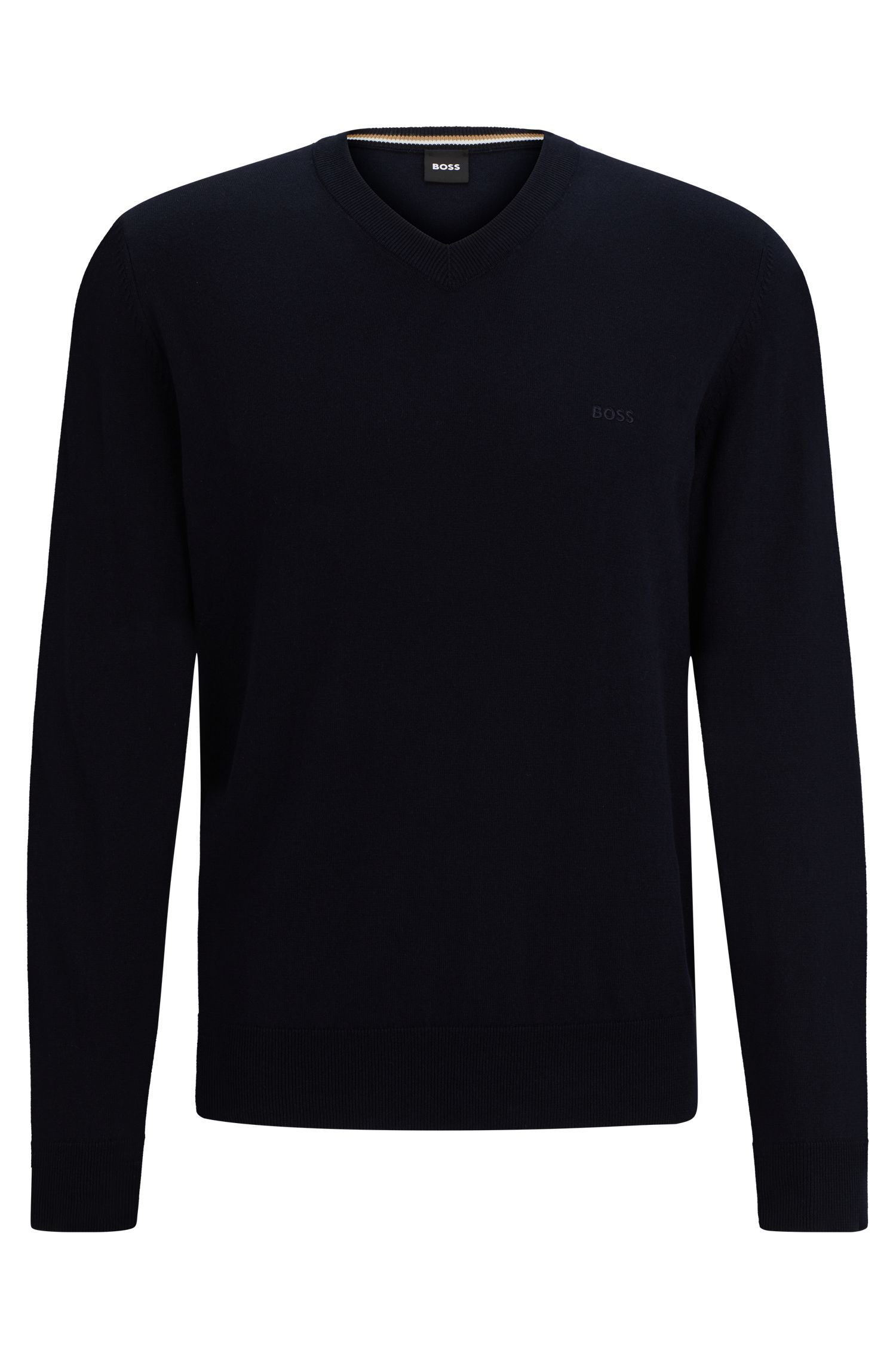 BOSS - Áo sweater cổ V cotton nguyên chất với logo thêu