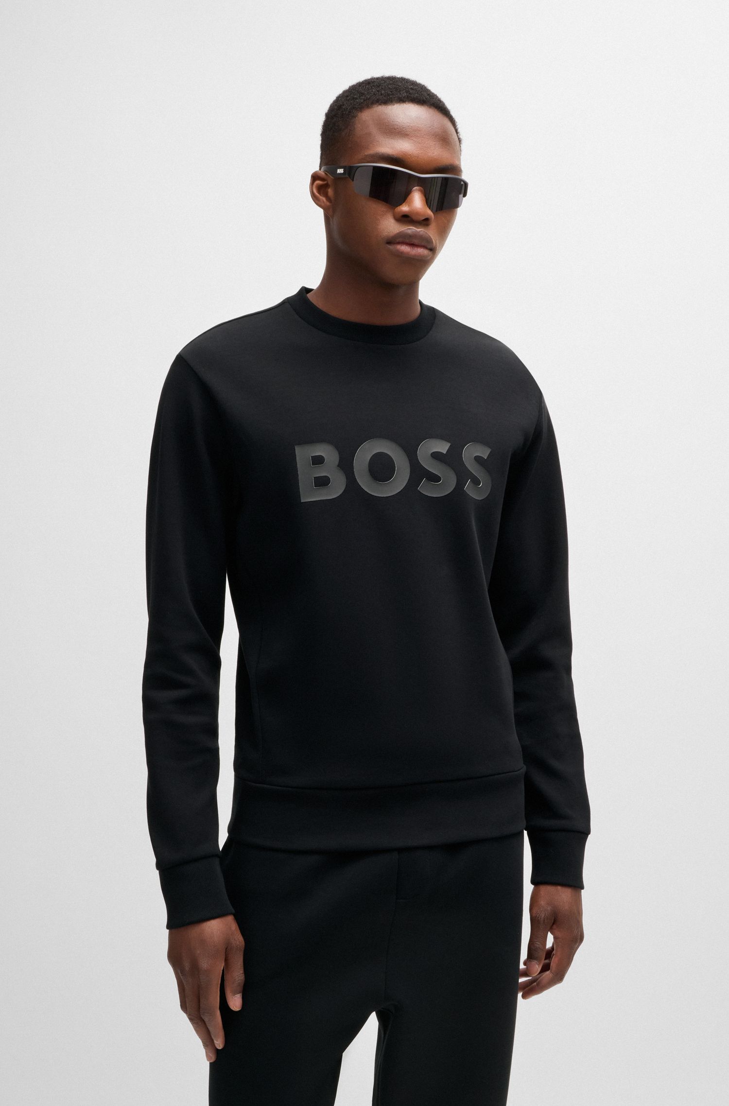 BOSS - Áo nỉ chất cotton co giãn với logo sandwich