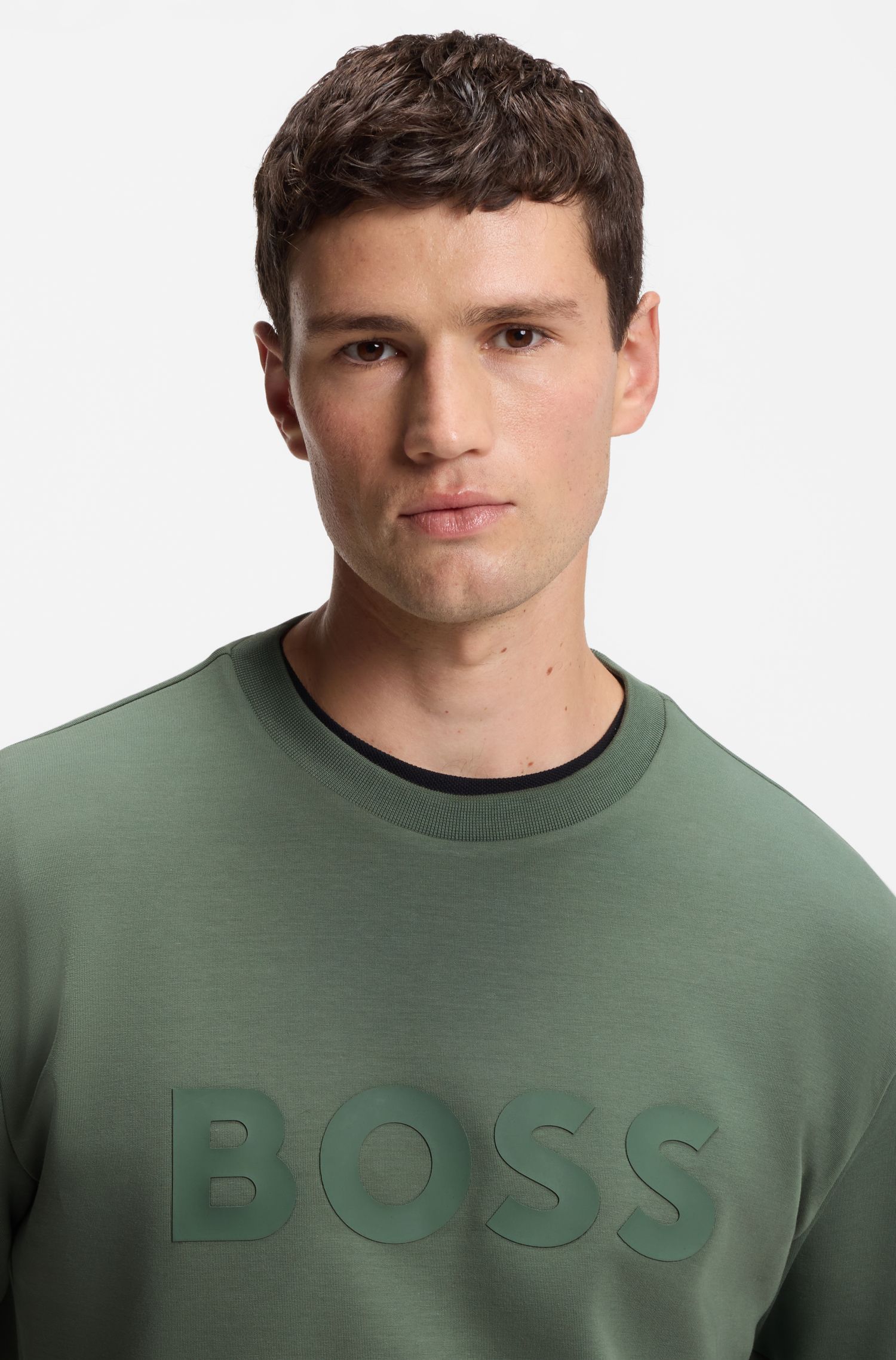 BOSS - Áo nỉ chất cotton co giãn với logo sandwich