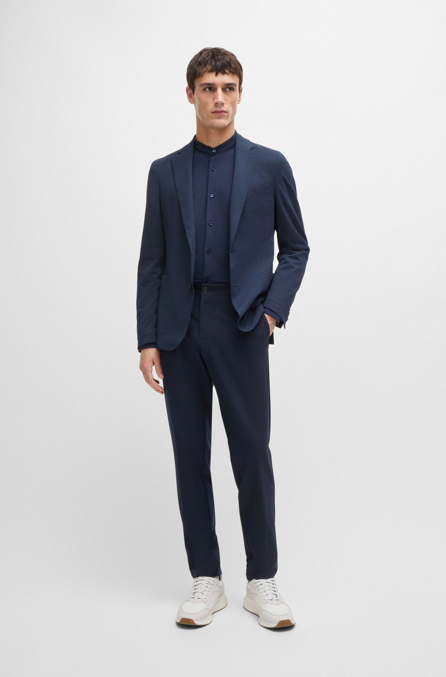 BOSS - Quần âu dáng ôm slim fit vải co giãn hoạ tiết nhỏ