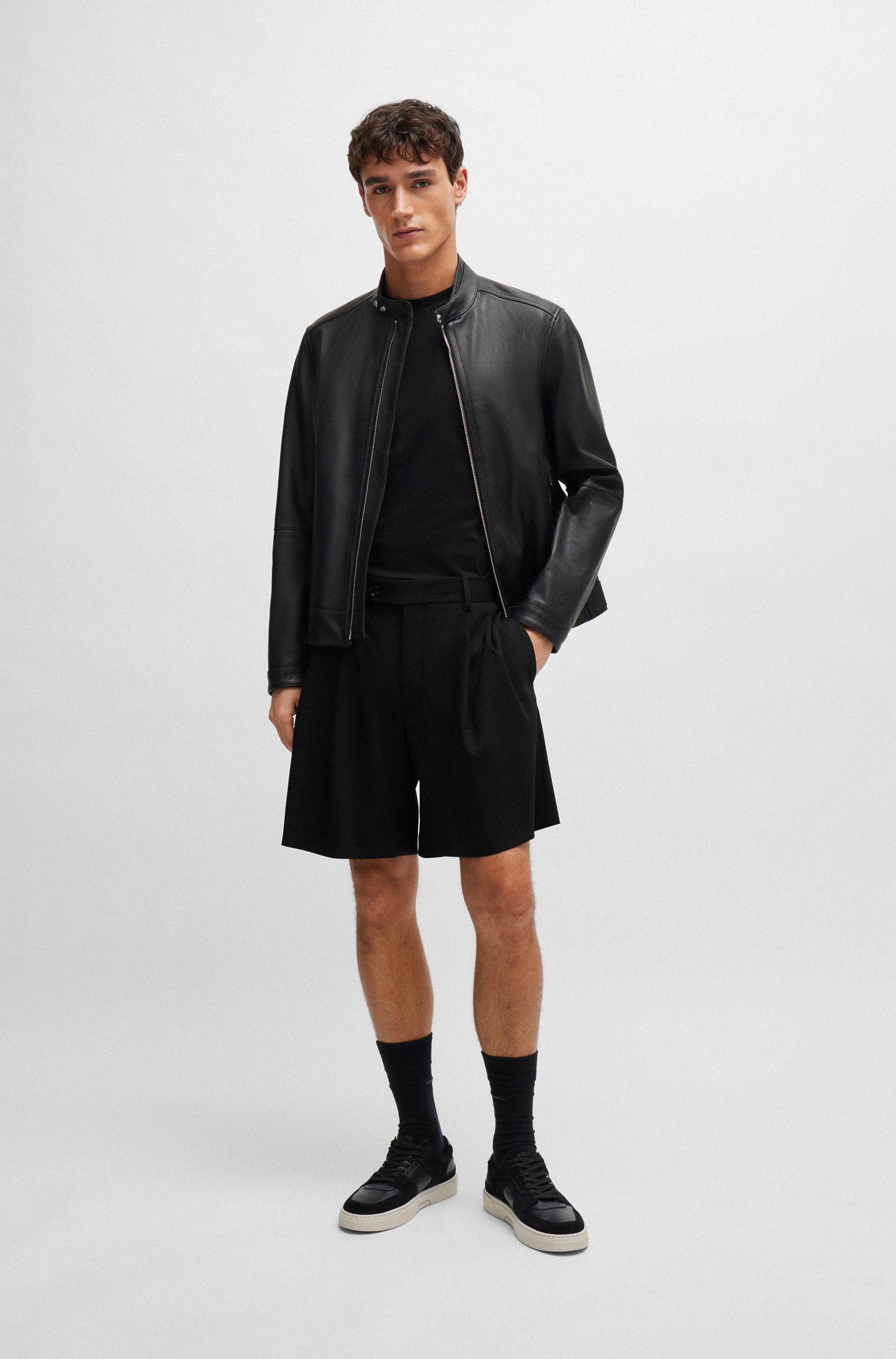 BOSS - Quần short dáng relaxed len nguyên chất co giãn