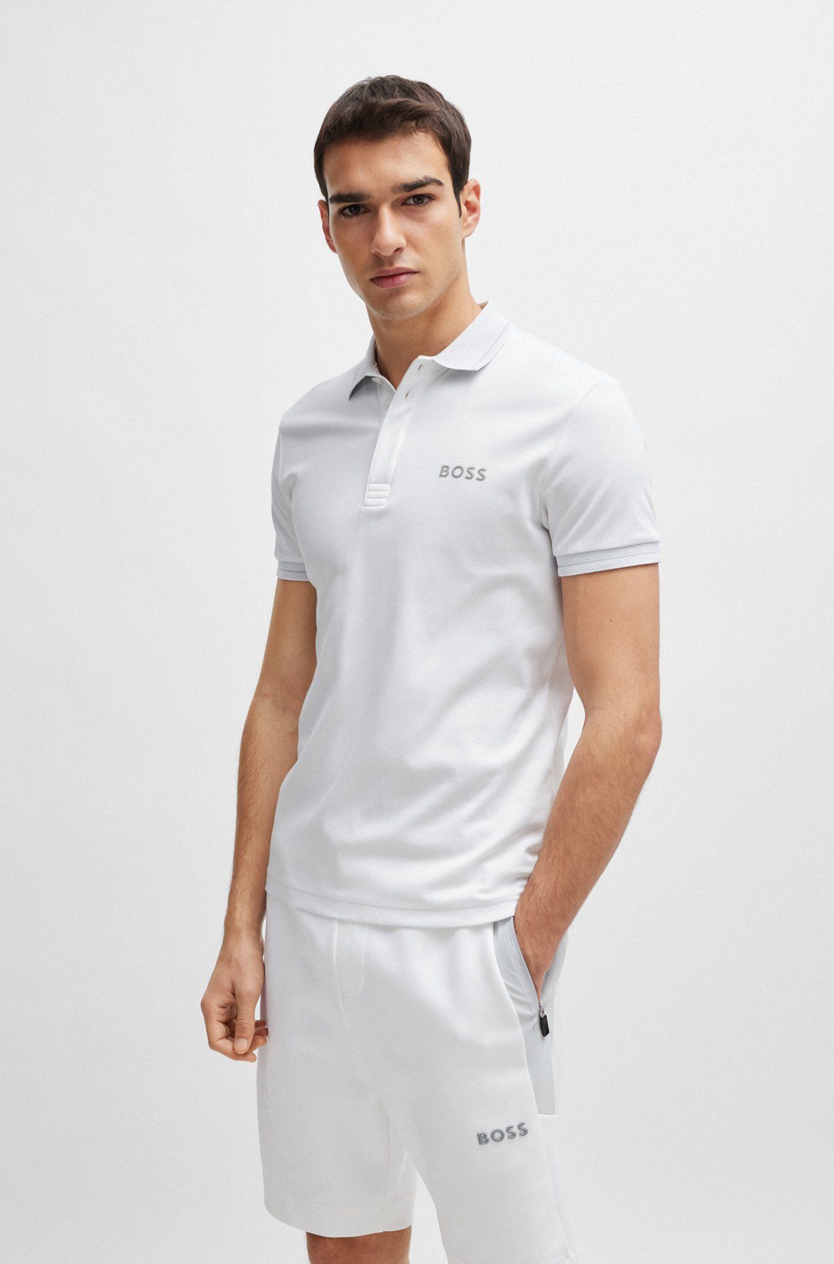 BOSS - Áo polo slimfit cotton có logo lưới
