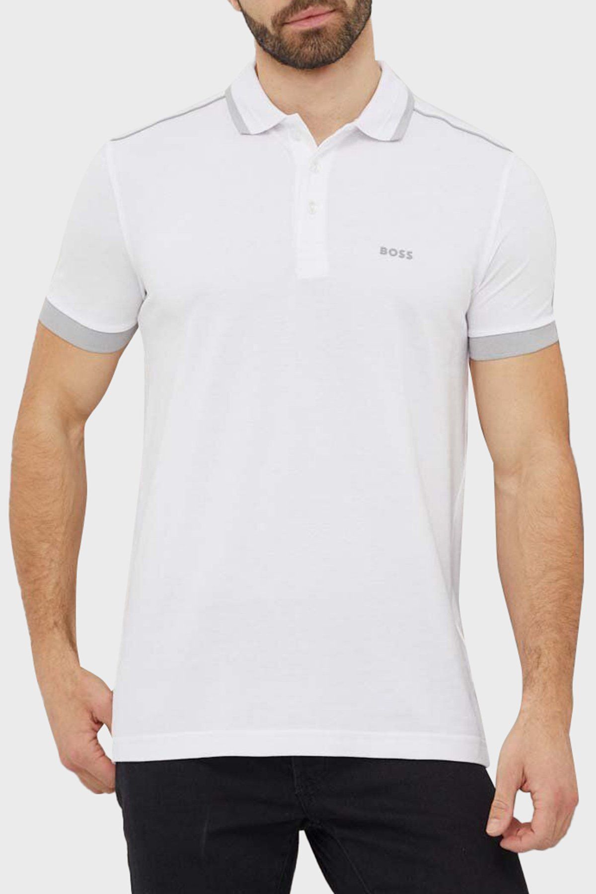 Áo polo cotton piqué với sọc tương phản và logo