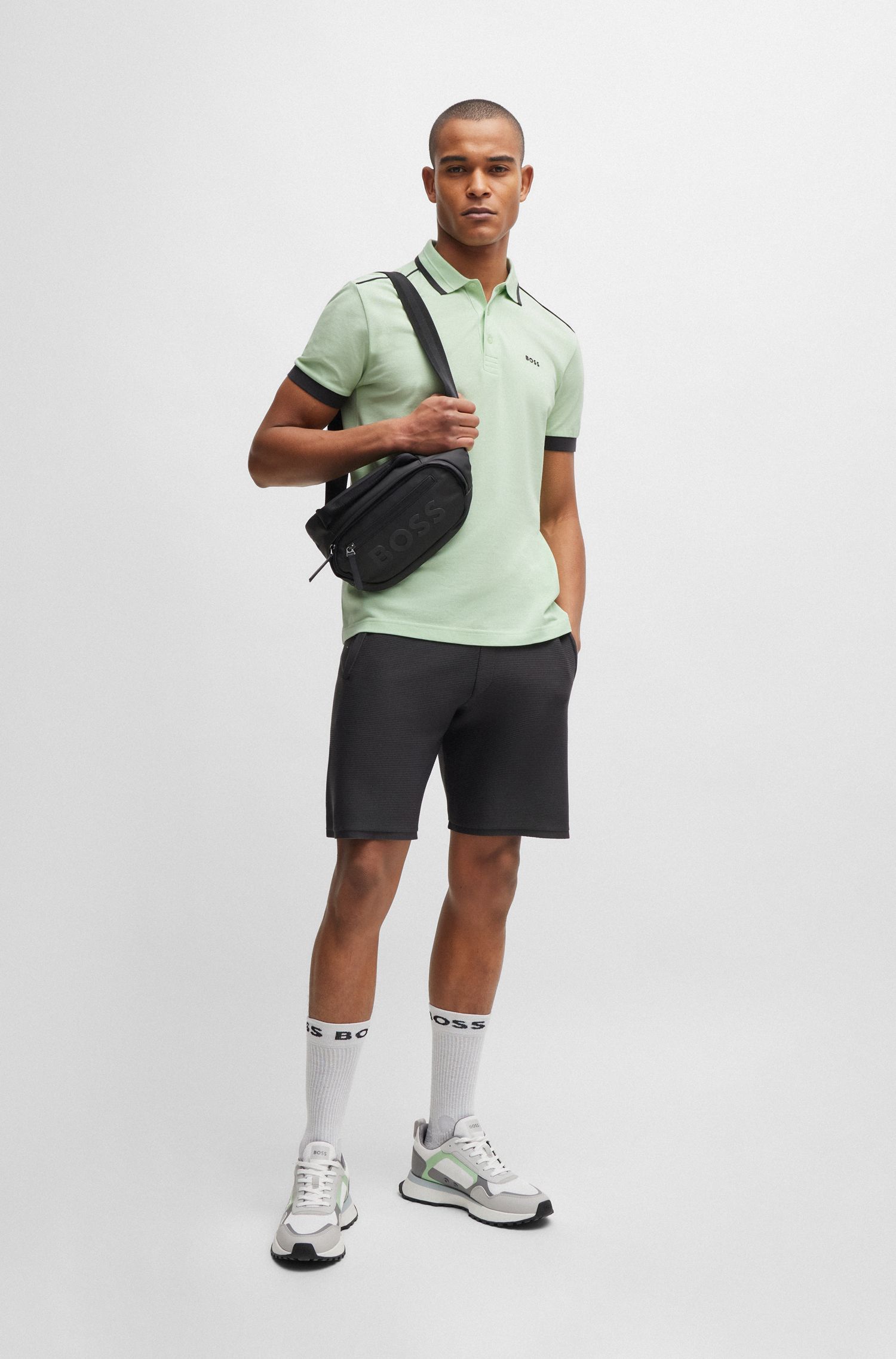 BOSS - Áo polo cotton piqué với sọc tương phản và logo