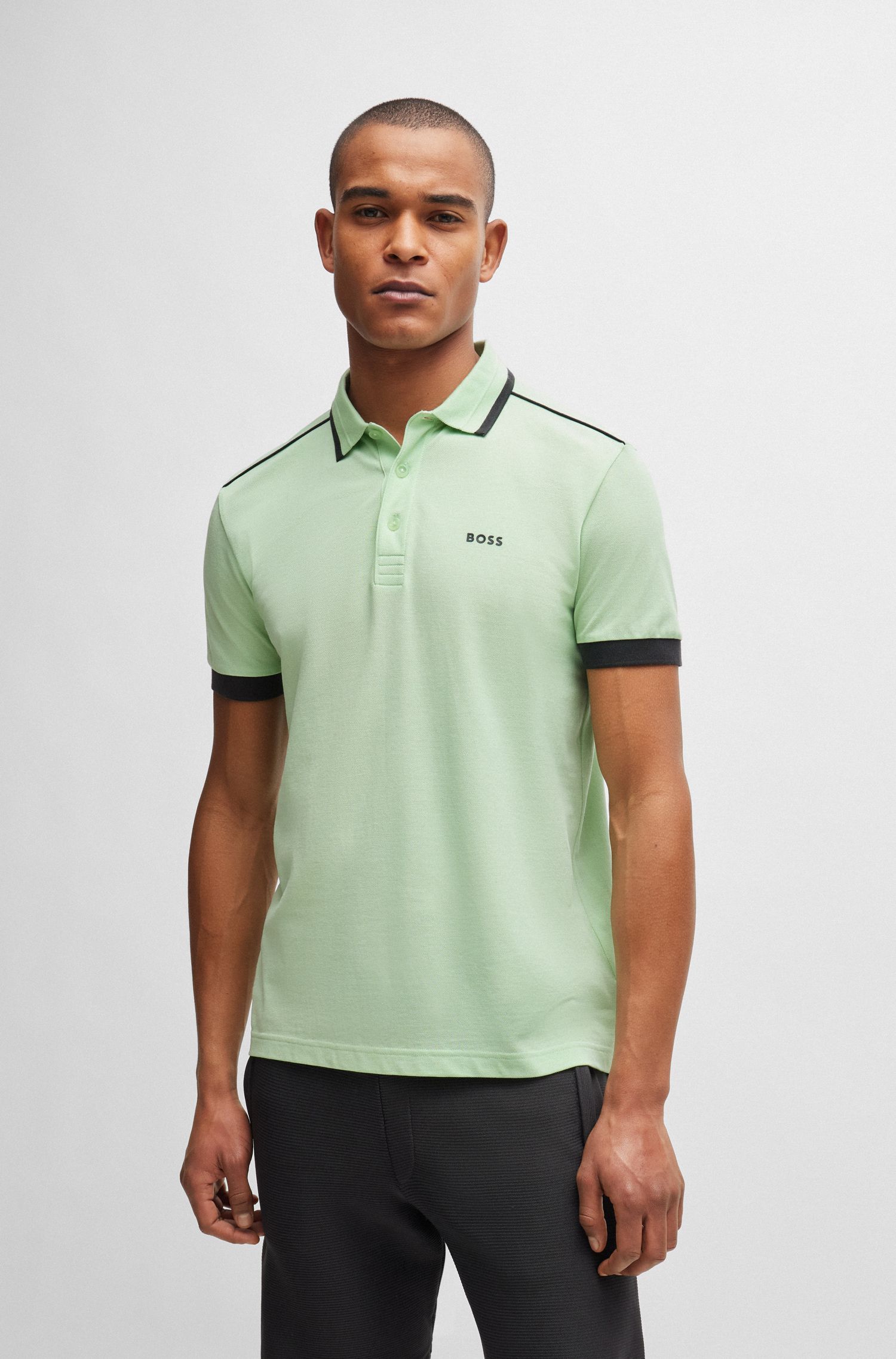 BOSS - Áo polo cotton piqué với sọc tương phản và logo