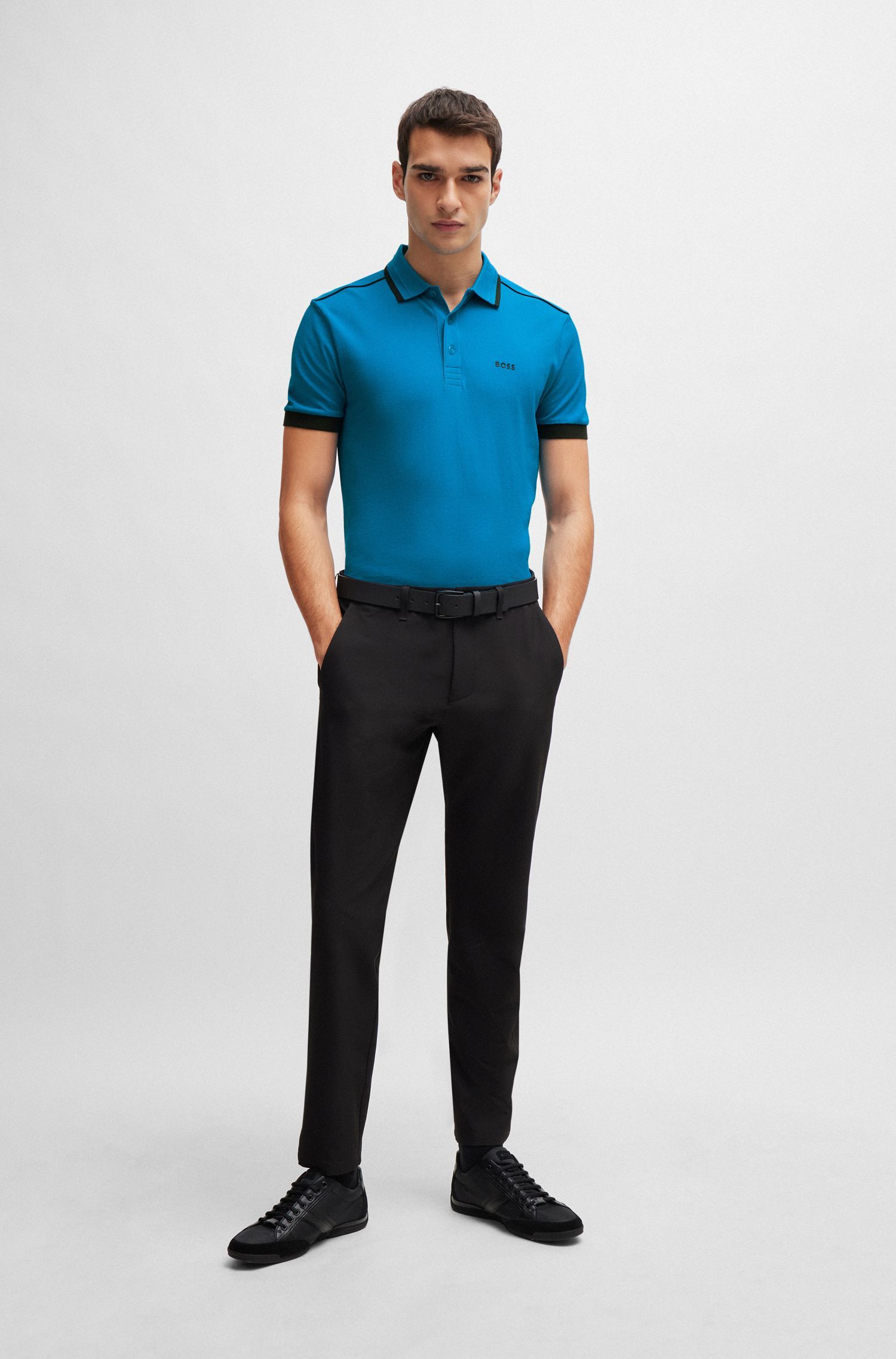 BOSS - Áo polo cotton piqué với sọc tương phản và logo