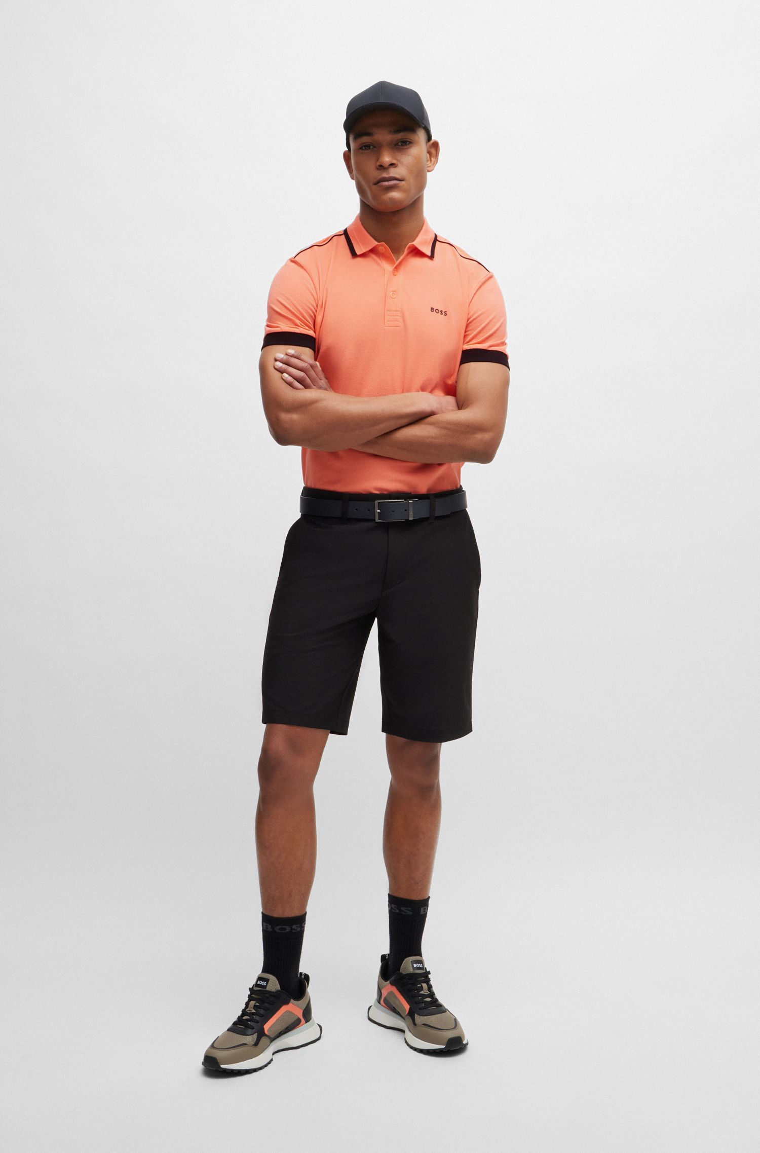 BOSS - Áo polo cotton piqué với sọc tương phản và logo