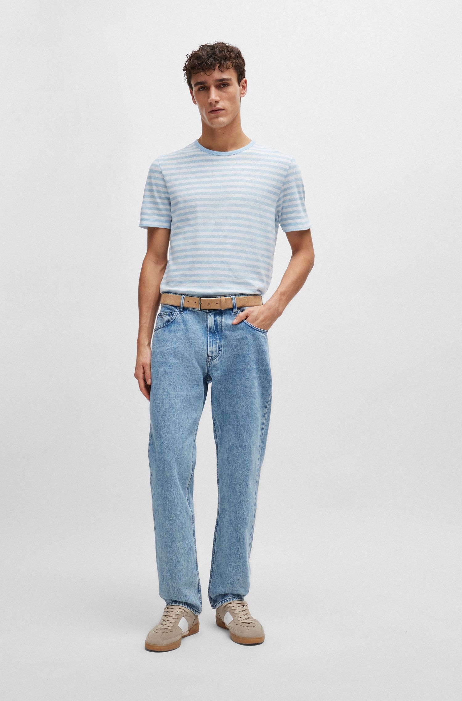 BOSS - Áo thun sọc ngang chất liệu cotton và lanh