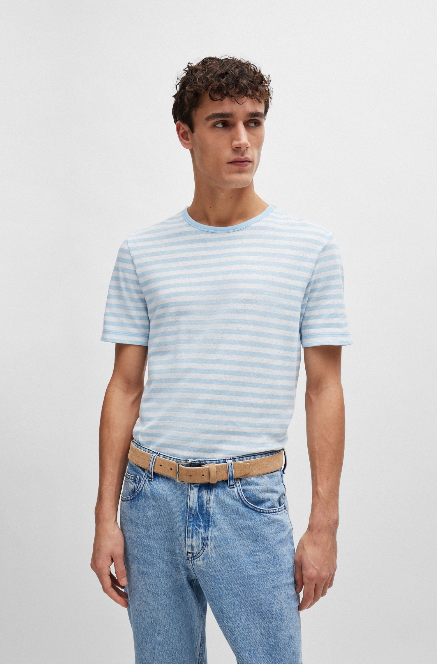 BOSS - Áo thun sọc ngang chất liệu cotton và lanh
