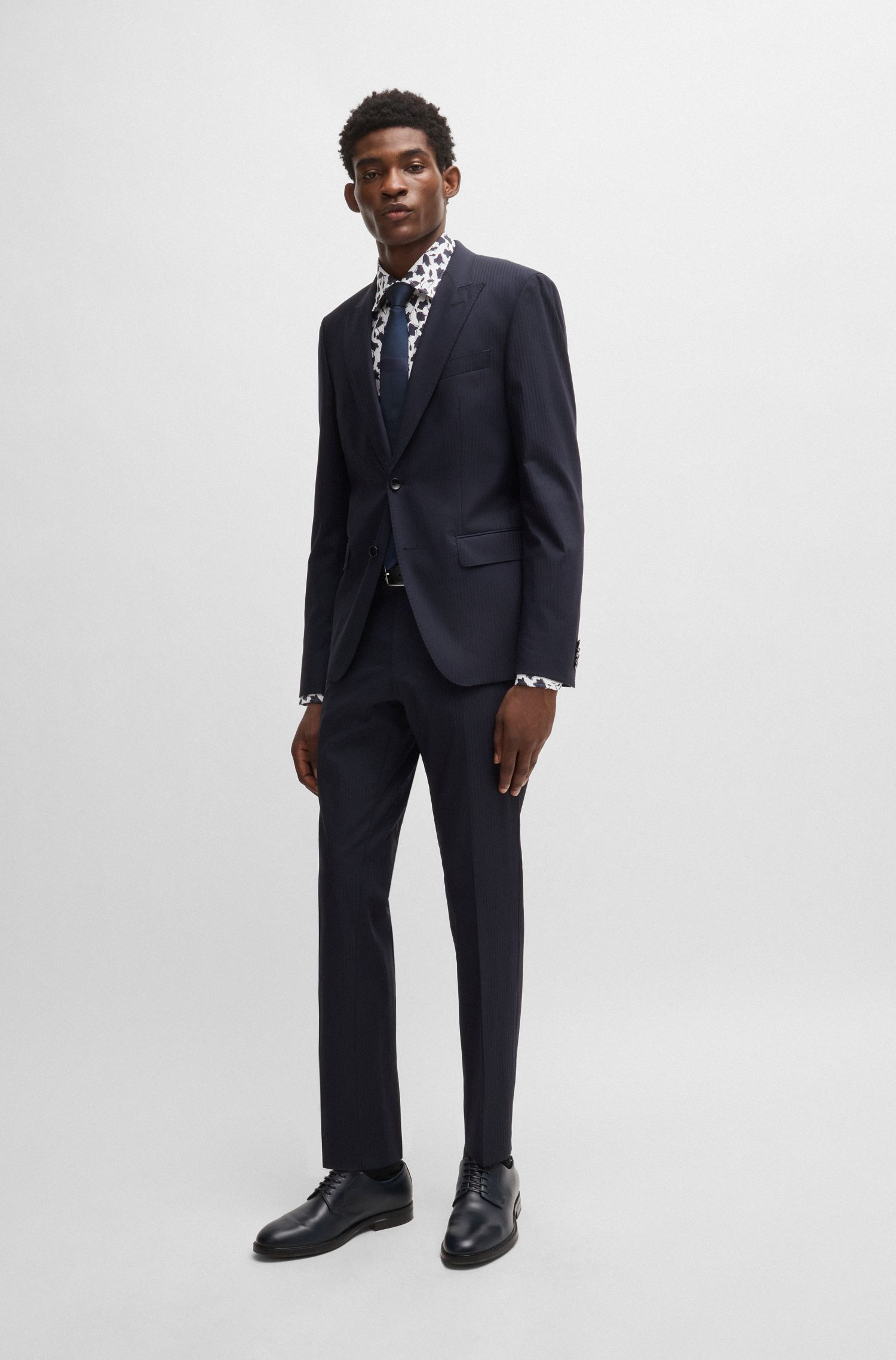 BOSS - Áo sơ mi dáng ôm slim fit cotton poplin co giãn in hoa