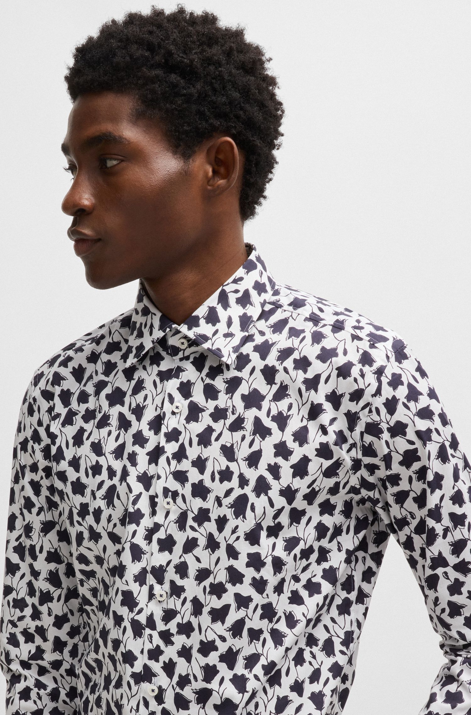 BOSS - Áo sơ mi dáng ôm slim fit cotton poplin co giãn in hoa
