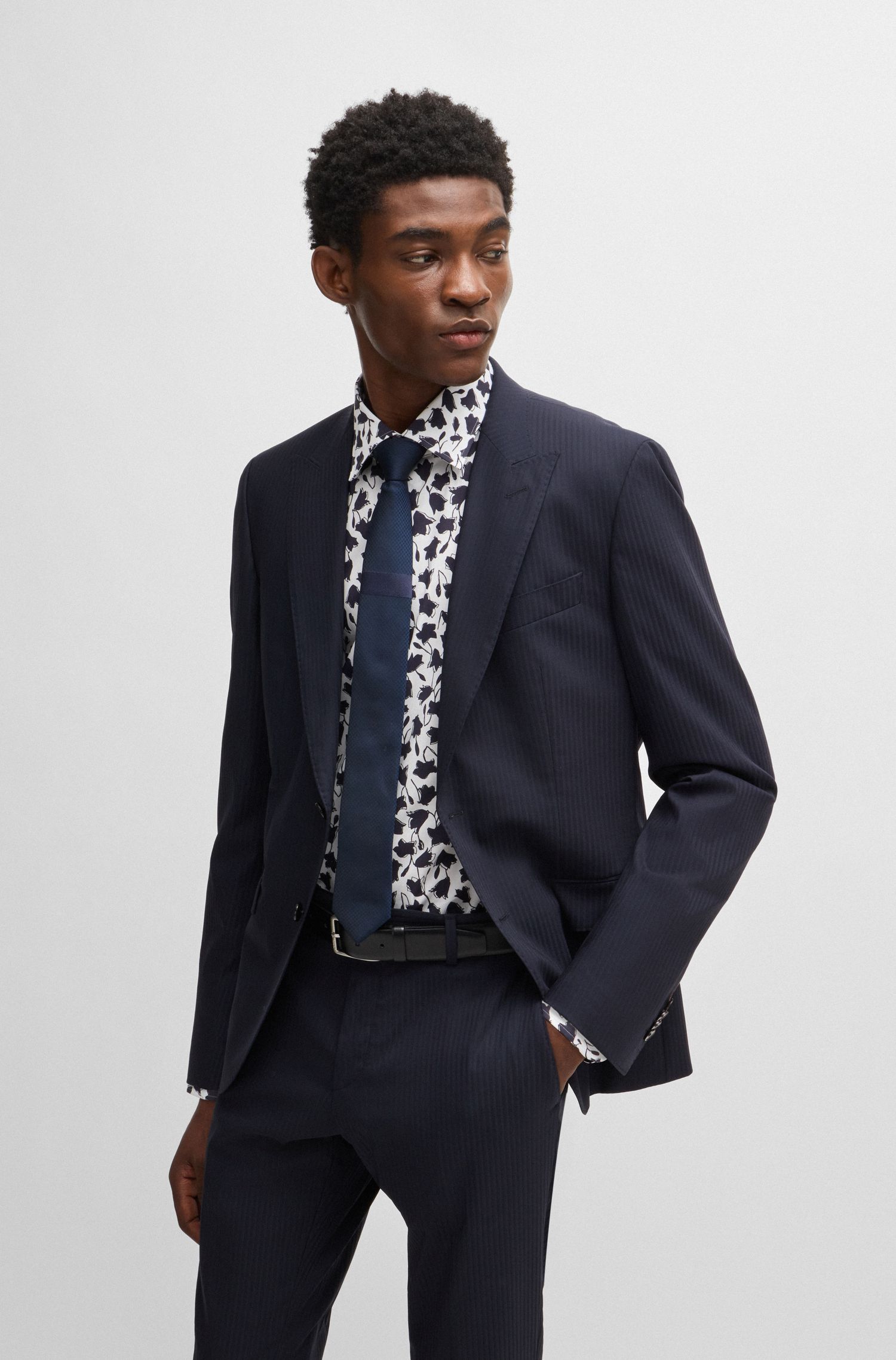 BOSS - Áo sơ mi dáng ôm slim fit cotton poplin co giãn in hoa