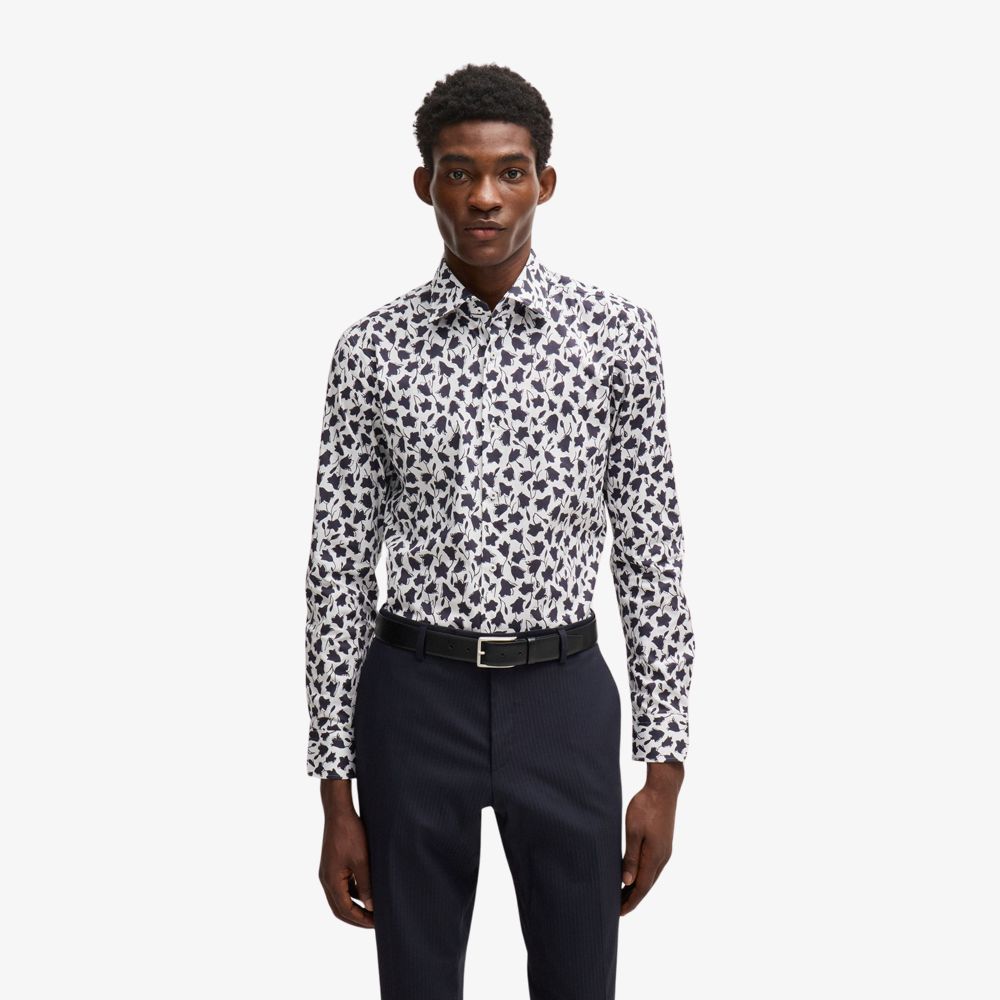 BOSS - Áo sơ mi dáng ôm slim fit cotton poplin co giãn in hoa