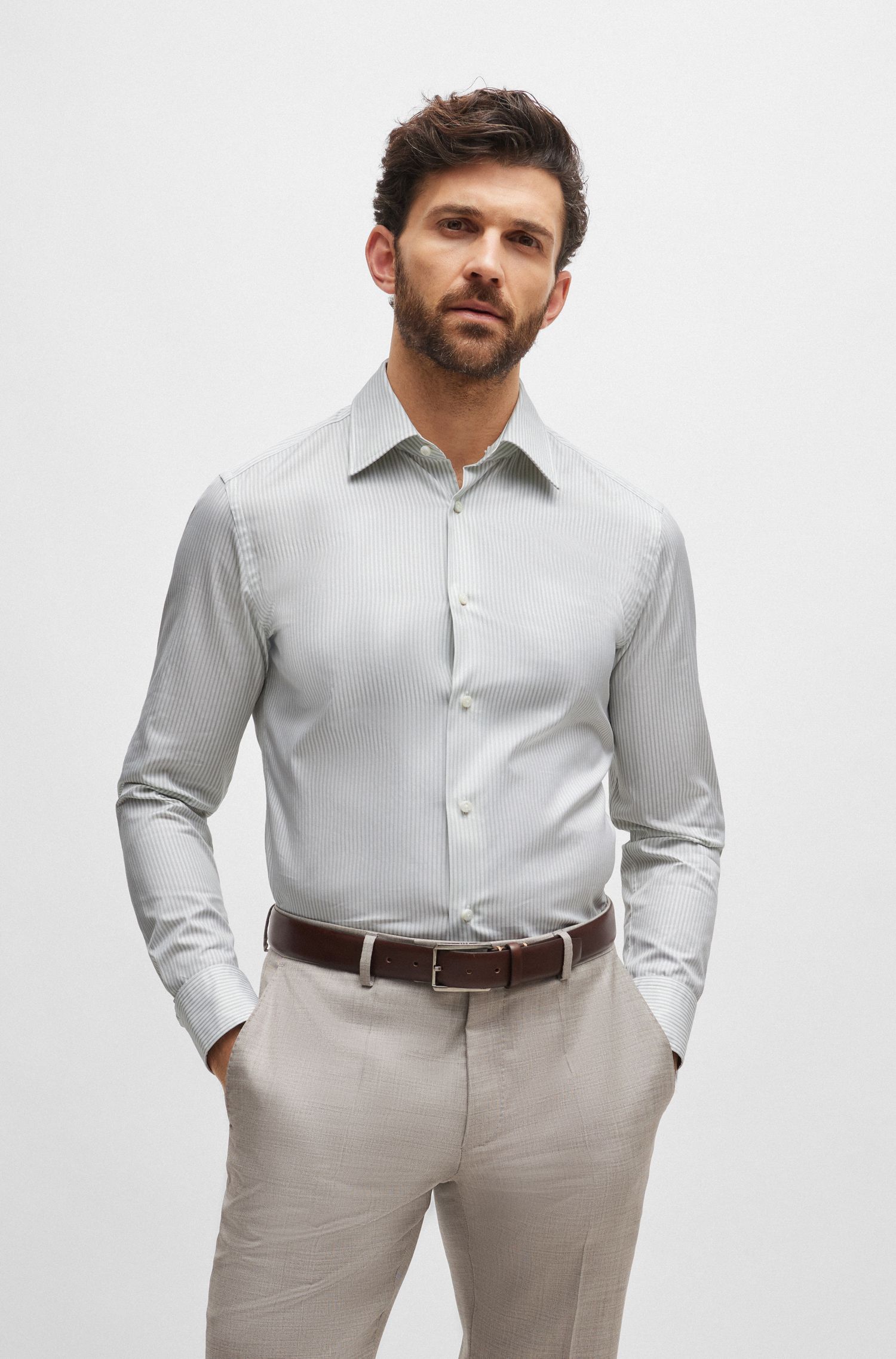Áo sơ mi dáng ôm slim fit cotton kẻ sọc