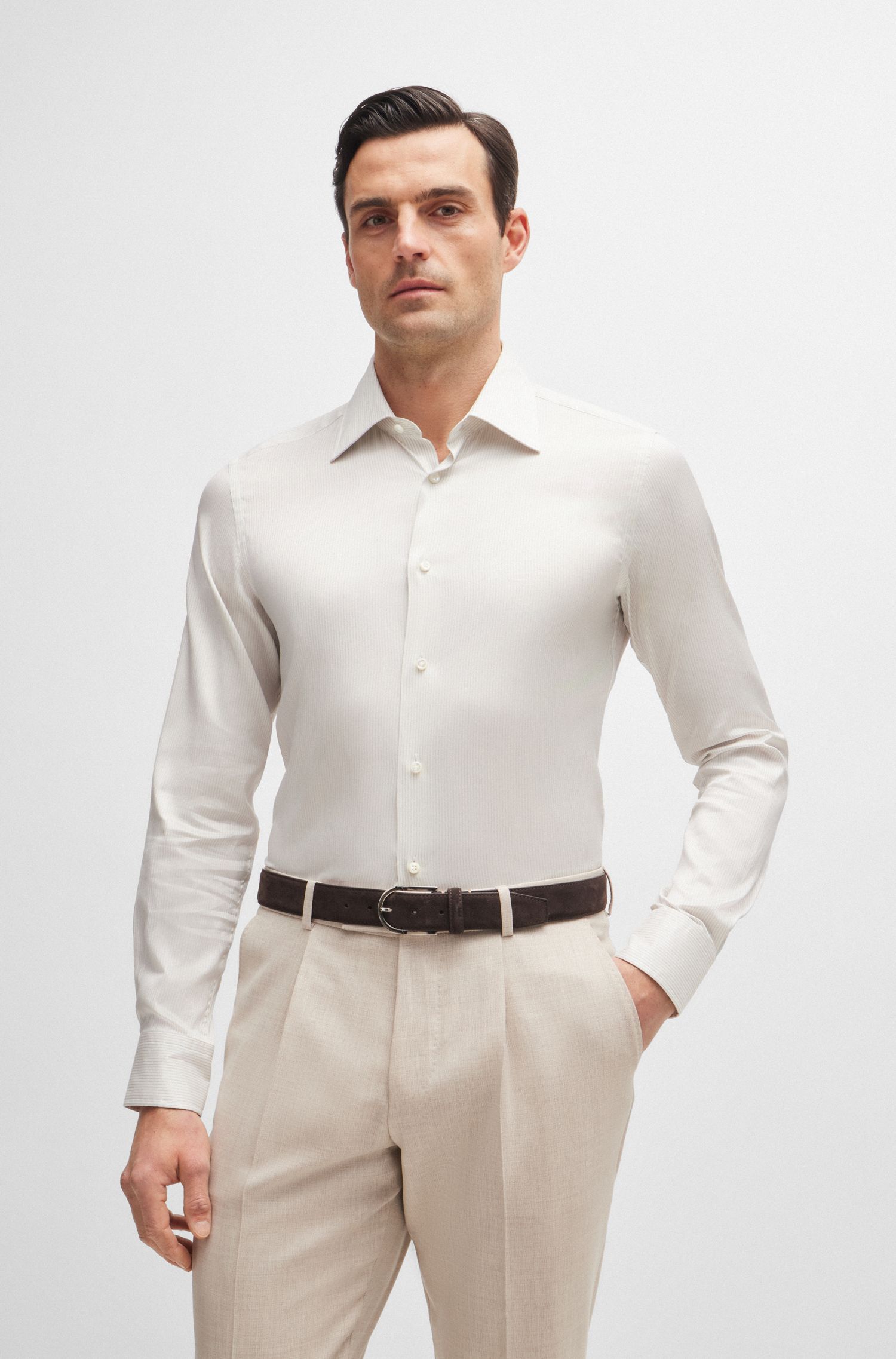 Áo sơ mi dáng ôm slim fit lụa và cotton kẻ sọc