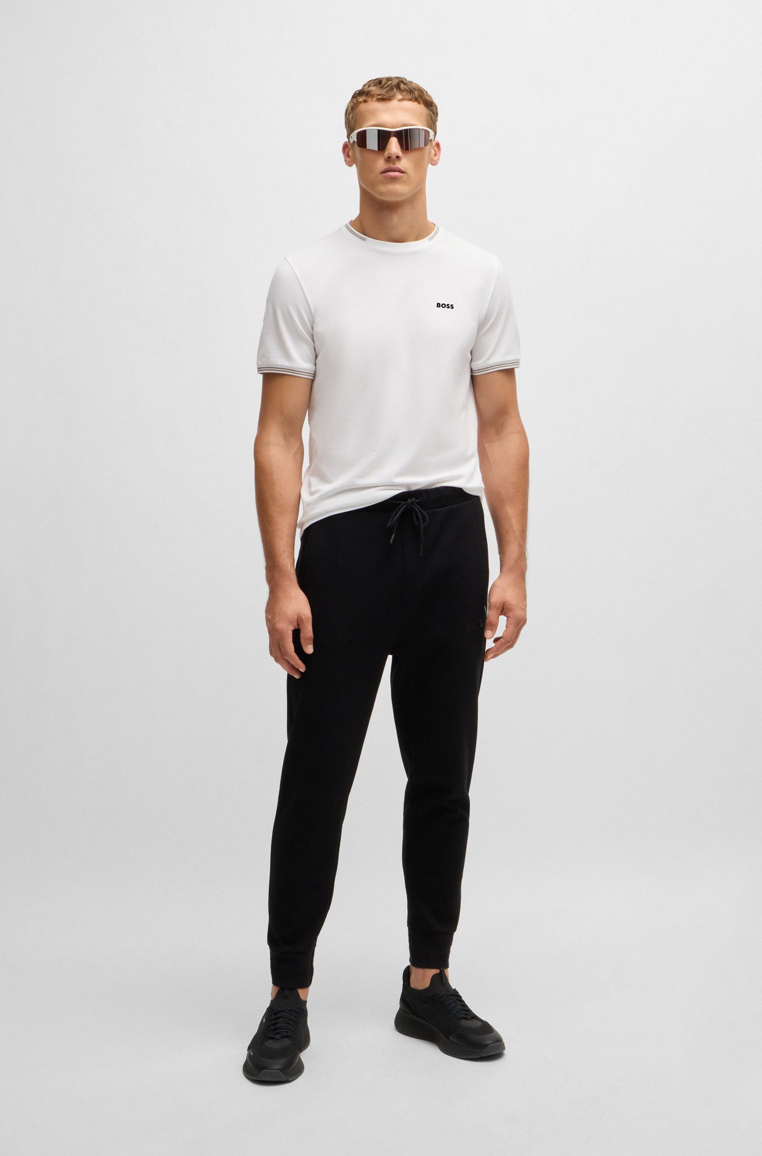 BOSS - Áo thun cotton co giãn với sọc và logo