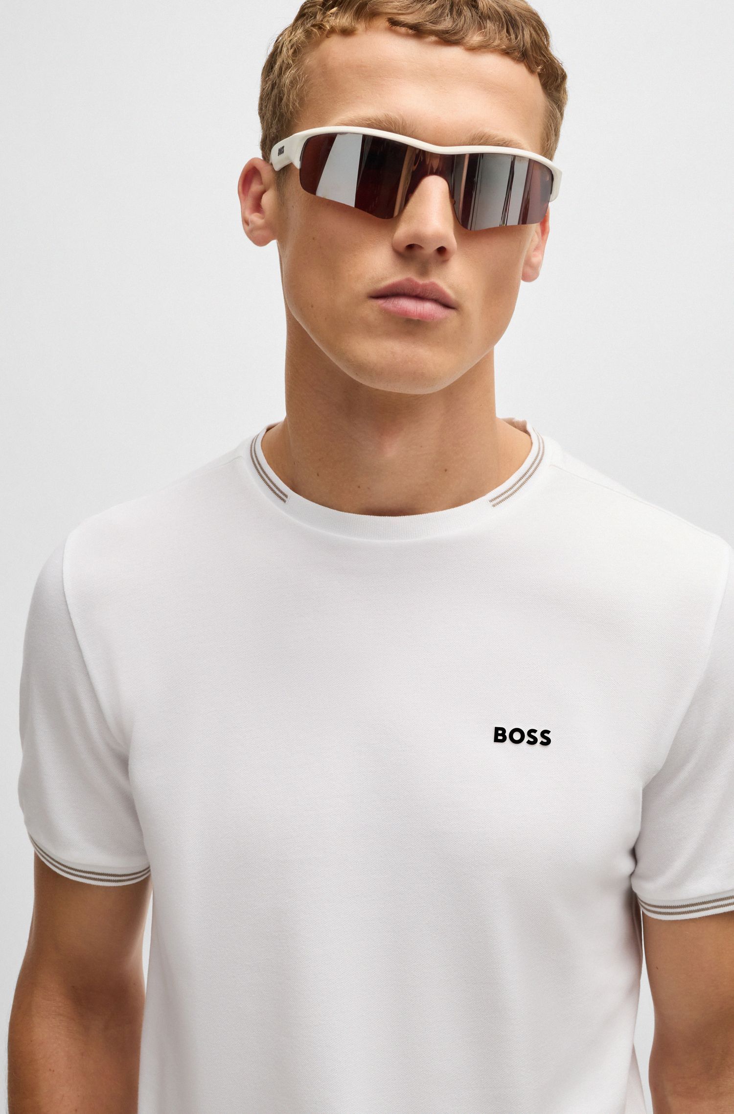 BOSS - Áo thun cotton co giãn với sọc và logo