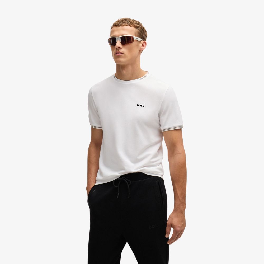 BOSS - Áo thun cotton co giãn với sọc và logo