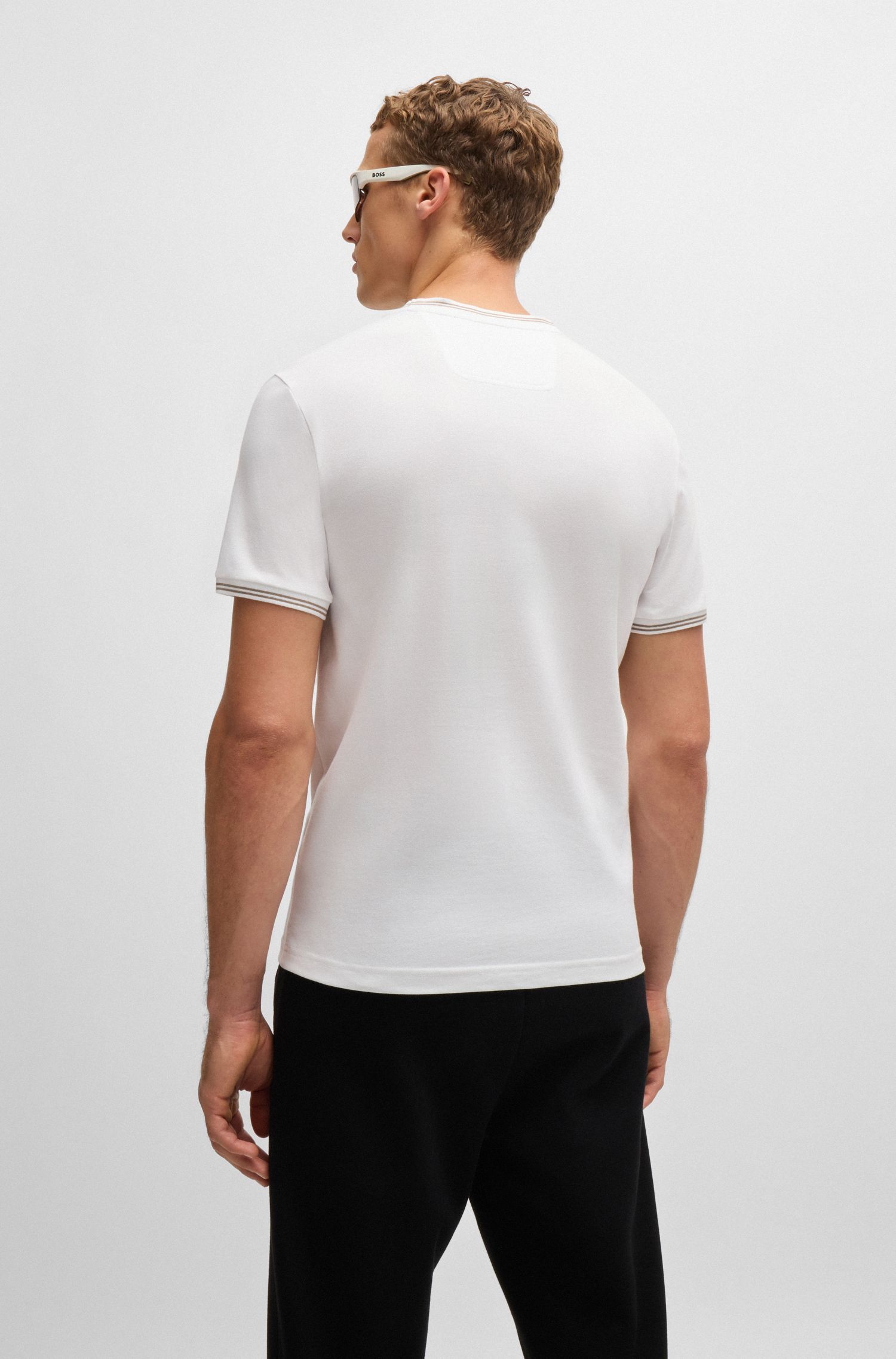 BOSS - Áo thun cotton co giãn với sọc và logo